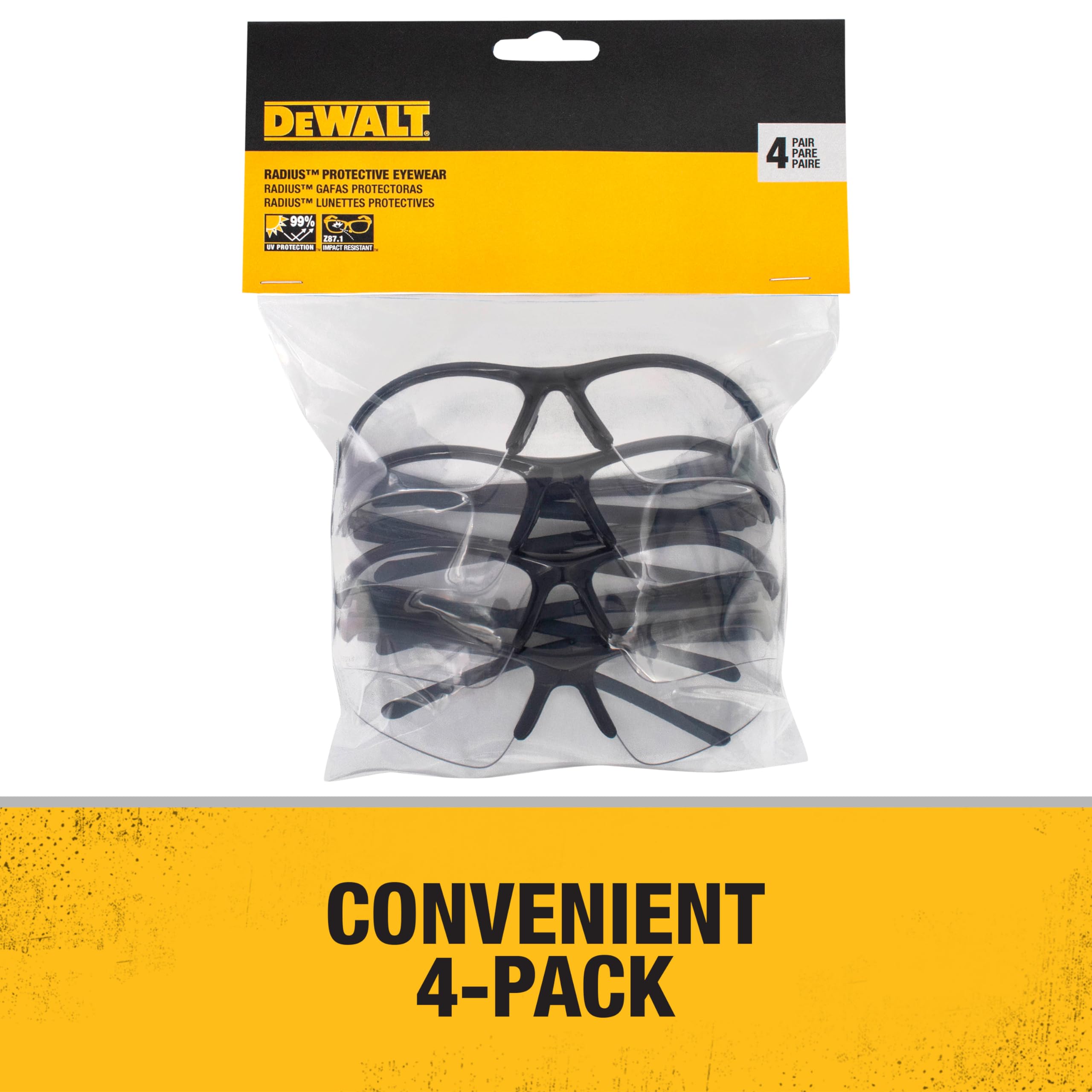 DEWALT DPG51 Radius - Gafas protectoras unisex de medio marco, lente transparente con marco negro, paquete de 4
