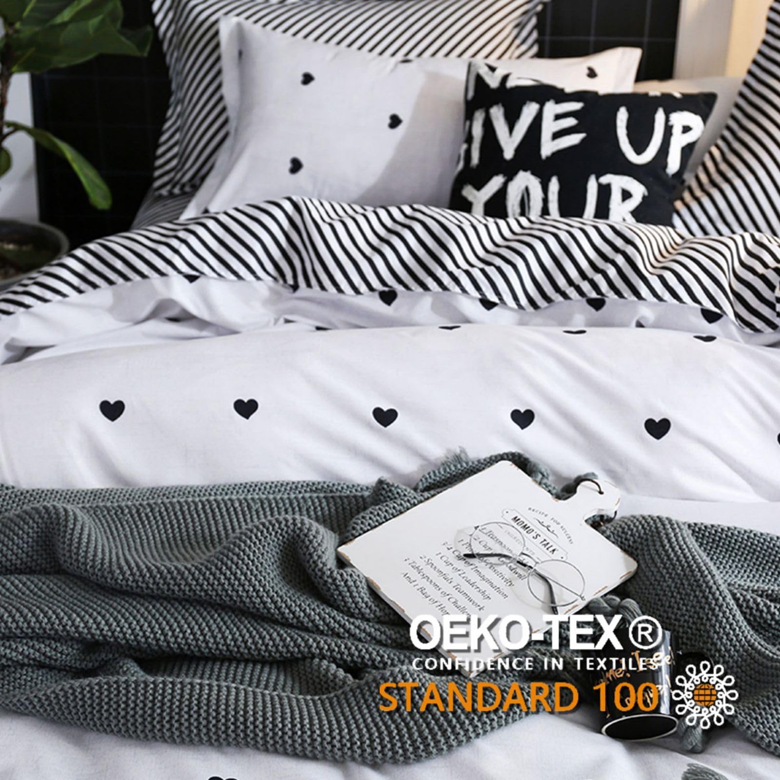 Freyamy Copripiumino 220 x 240 cm+2 federe 65 x 65 cm cuore stampato bianco nero set da letto matrimoniale per adulti motivo cuore set copripiumino in microfibra con cerniera