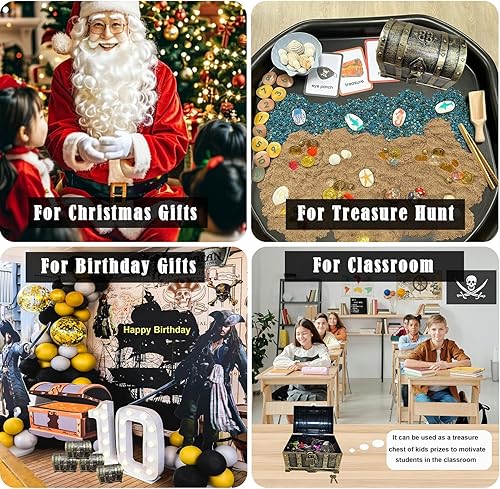 Miniatura 7 de Cofre del tesoro pirata para niños, cofre con revestimiento de bronce vintage con cerradura y llave para juegos de caza, premios de caja pequeña