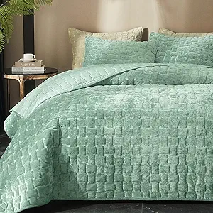 Powdion Velvet Quilt Queen Size, Oversized Bedspread Coverlet Quilted Bedding Set, Full Lightweight Velvet Comforter Set Luxury Coverlet Set for All Season with 2 Pillow Shams, Aqua Green