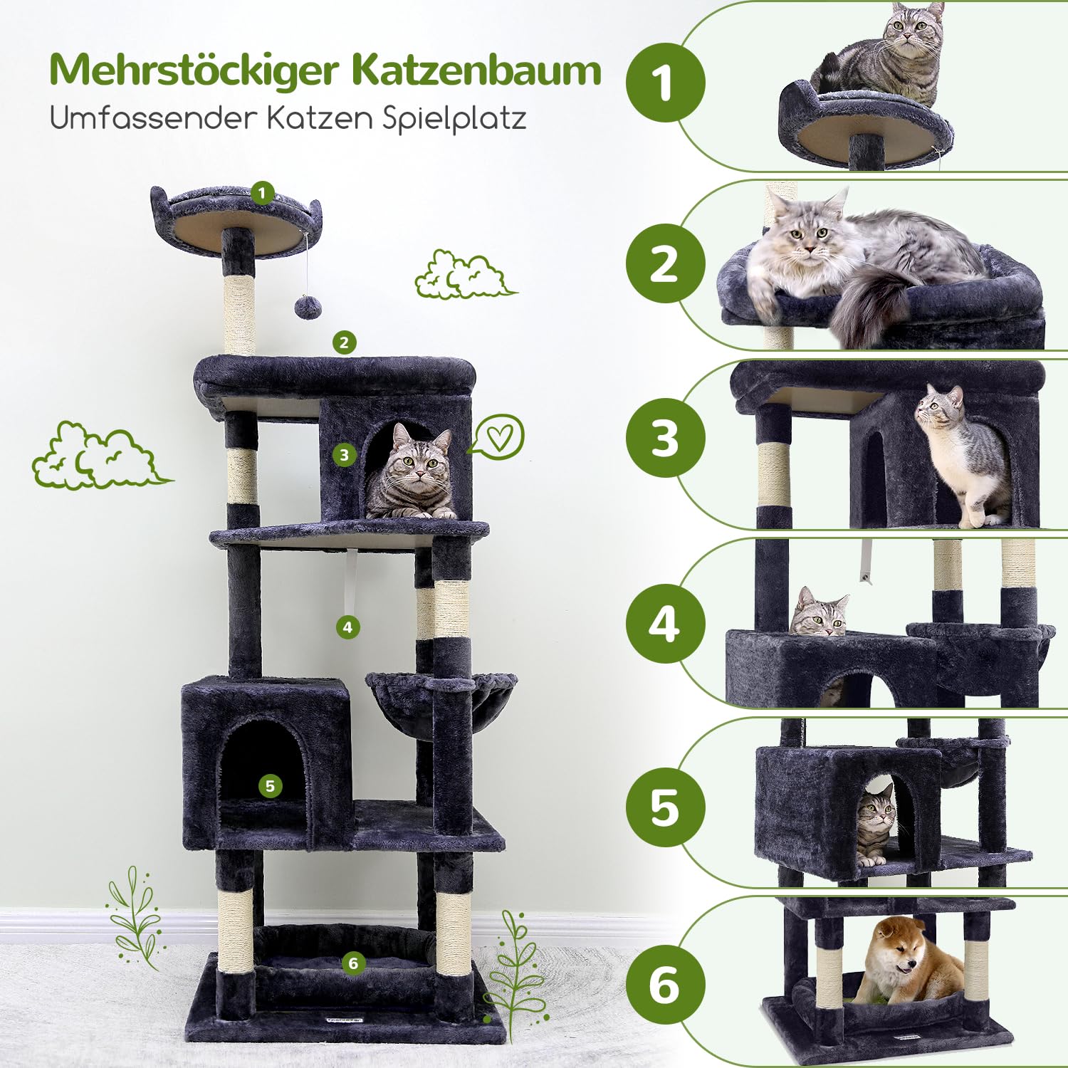 Globlazer Kratzbaum Groß Hoch 183 cm mit Katzenhaus Groß Plattform Korb Sitzstangen Bett Plüsch Katzenspielzeug, Katzenbaum Stabil für Große Katzen Maine Coon Britisch Kurzhaar (S72, Dunkelgrau)