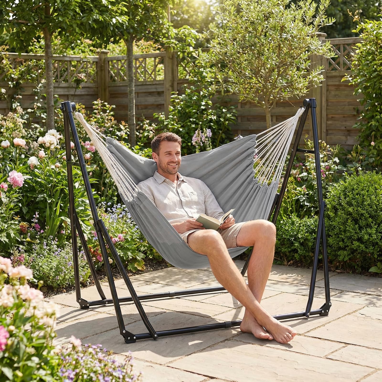 Clevich Hamak z ramą, składany, regulowany, stabilny, 231 x 89 cm, do 200 kg, hamak do ogrodu, na balkon, kemping, do wewnątrz, z torbą transportową, wielokolorowy (szary)