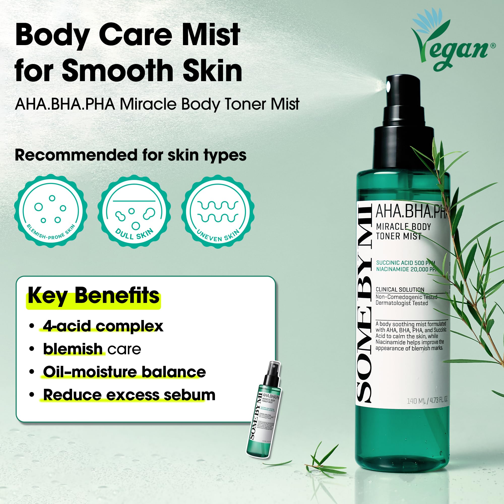 SOME BY MI AHA BHA PHA 30 Days Miracle Toner Mist – 140 ml – Spray pour l'acné corporel pour le dos et la poitrine, exfoliant avec acide salicylique, arbre à thé, niacinamide – Soin coréen de la peau