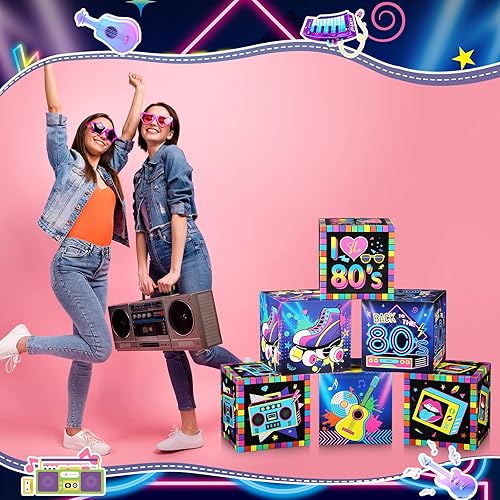Miniatura 4 de 6 cajas grandes de decoración de fiesta de los años 80, caja de cartón temática de los años 80 de 12 pulgadas, cajas de fondo para decoraciones de