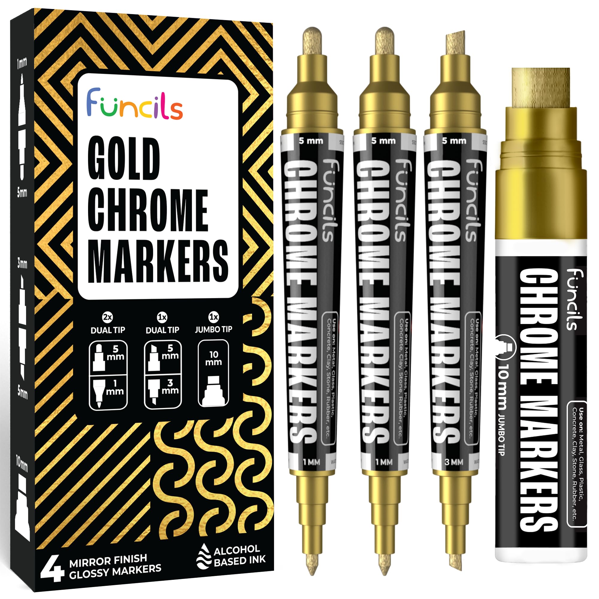 Funcils Chrome Gold Paint Pen - 4 Gold Paint Markers (1mm, 3mm, 5mm, 10mm) | Permanent, Reflective, Mirror Effect, Metallic Markers for Metal, Glass, Resin Art, DIY Crafts, Leaf - Oil based Marker