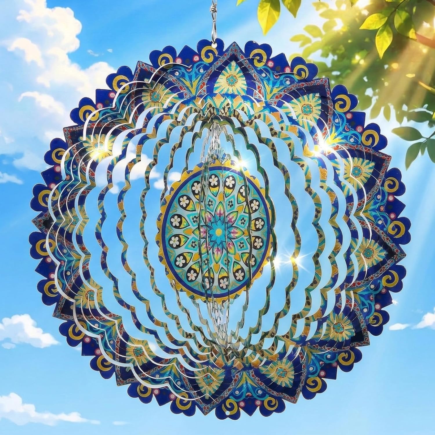 Mandala Wind Spinners Outdoor, IDEA SHOW Stainless Steel Wind Spinners Outside, 3D Kinetic Hanging Sculpture, Rustproof Metal Garden Decor Ornaments for Yard Art, Women, Men, Holidays