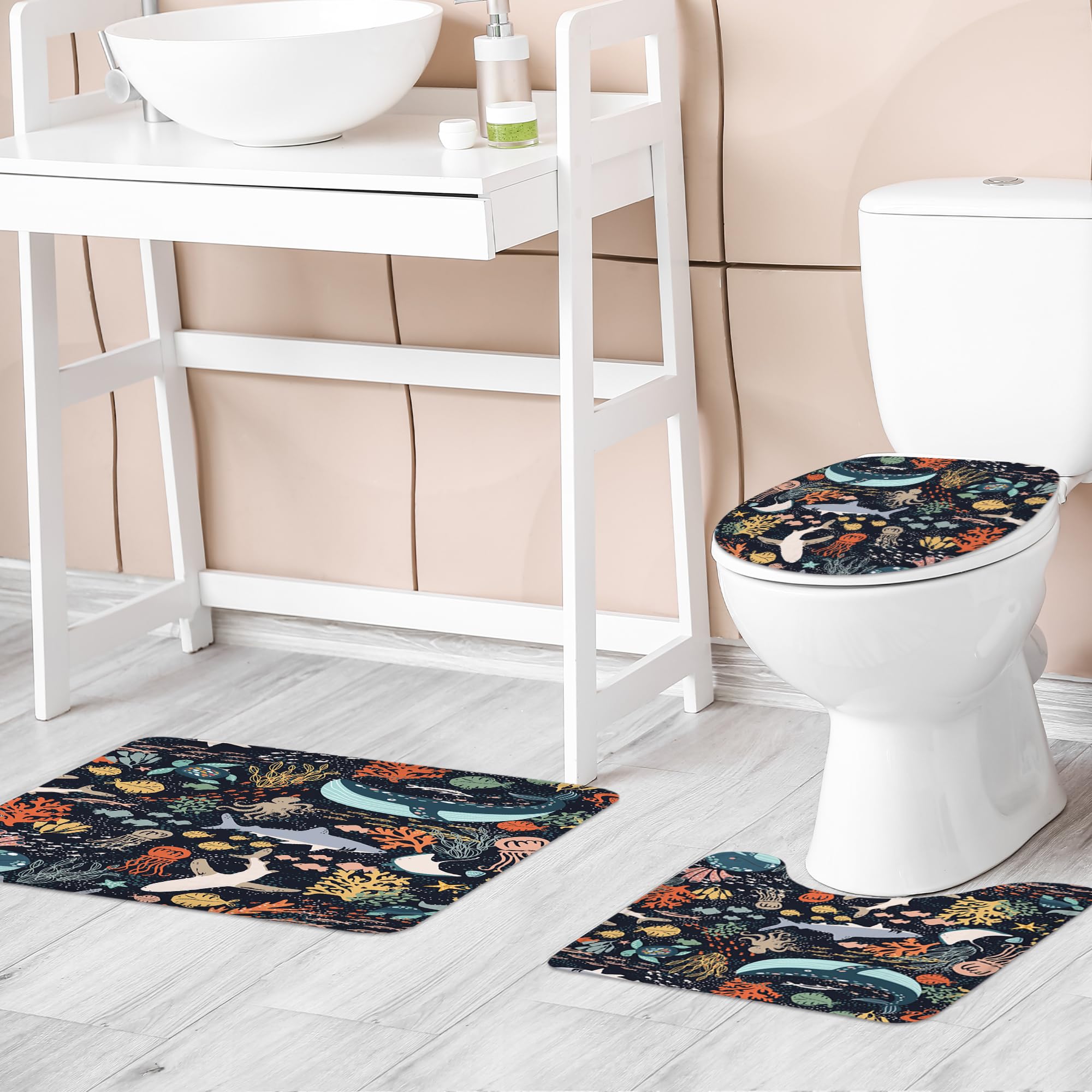 Riyidecor Juego de 4 cortinas de ducha para niños, diseño de pez tiburón, ballena azul del océano, animales marinos, juego de decoración de baño con alfombras y accesorios, alfombra de tapa de inodoro