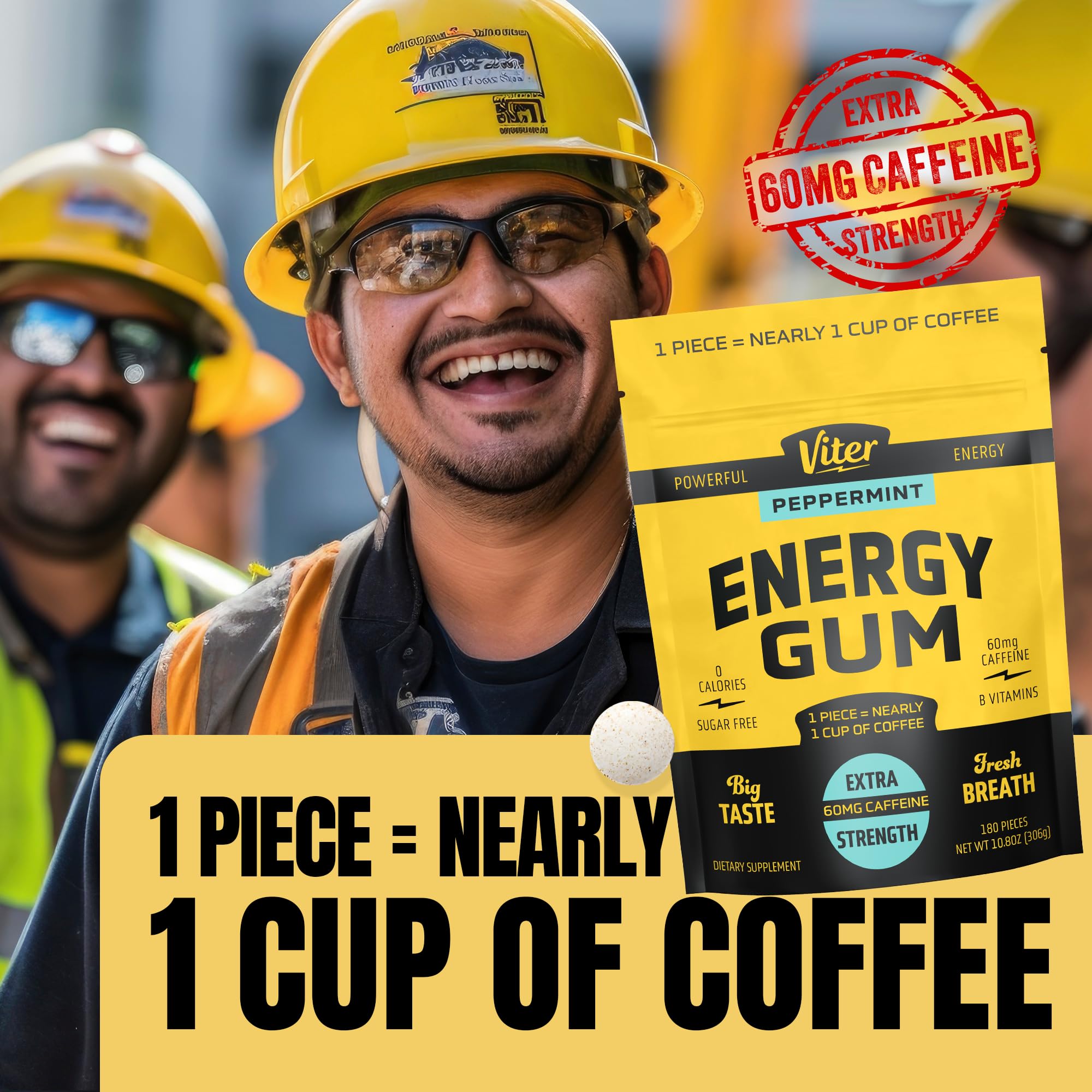 Viter Energy Caffeine Gum 60mg, Sugar Free, Peppermint, 180ct Bulk Bag — Amazon image 5