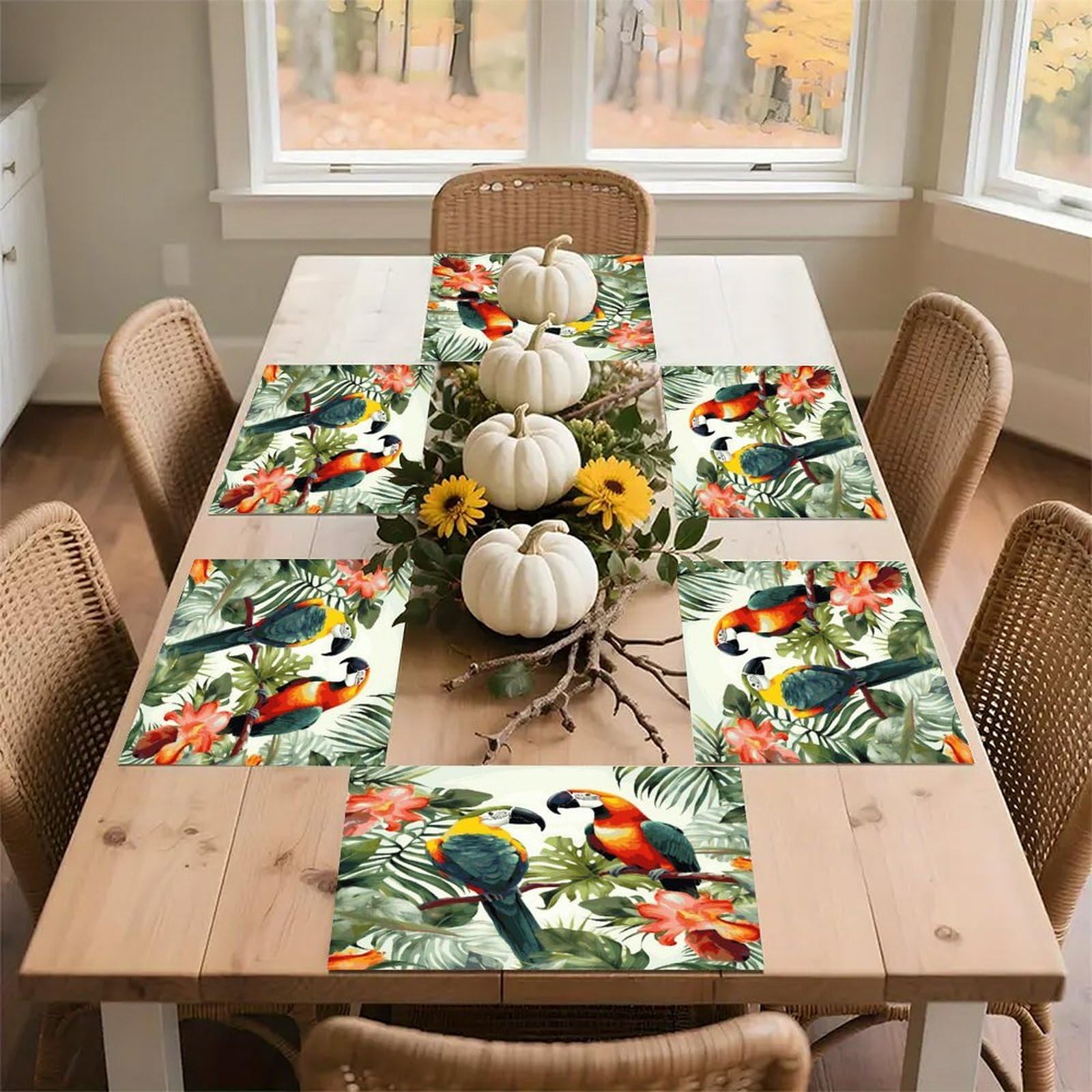 Toucans Parrot Palm Tree Leaves Placemats Heat-Resistant Washable Place Mats Anti Slip Dining Table Place Mats Wipeable Dining Table Mats Kitchen Decoration Placemats 17.7’’×11.8’’