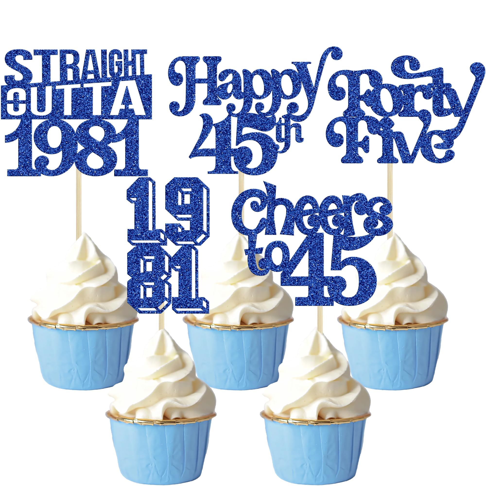 Gyufise 30Pcs Happy 45th Birthday Cupcake Toppers Glitter Forty Five Straight Outta 1981 Cupcake Picks Cheers to 45 Fabulous Cake Decorations for Happy 45th Birthday Party Supplies Blue