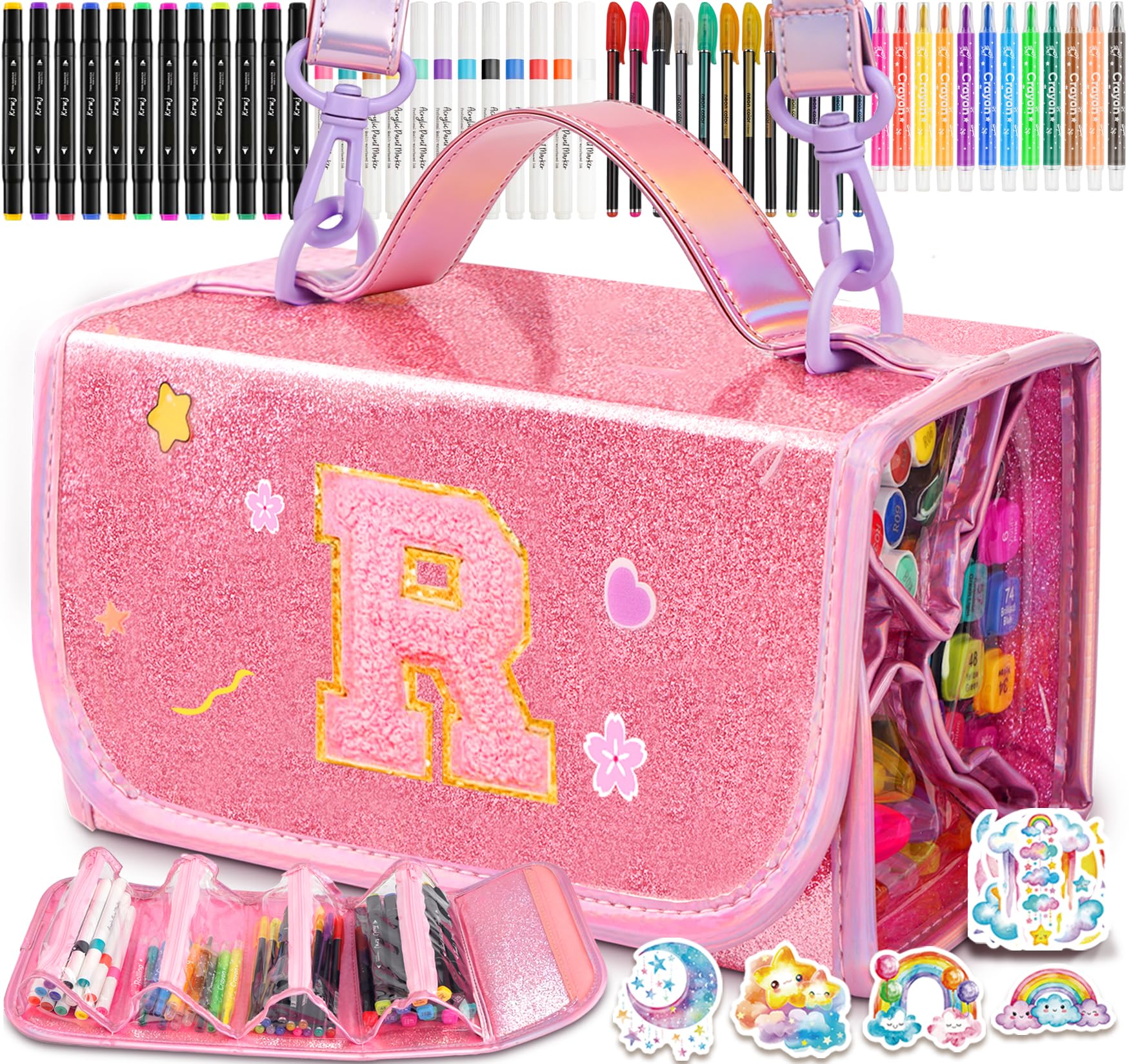 SHXWELL 69 PCS Initial Washable Scented Markers Set with Glitte Pencil Case Shoulder Strap, Personalized Art Supplies and Crafts for Kids Ages 4-6-8, Birthday Gifts for Girls Coloring Markers Set (R)