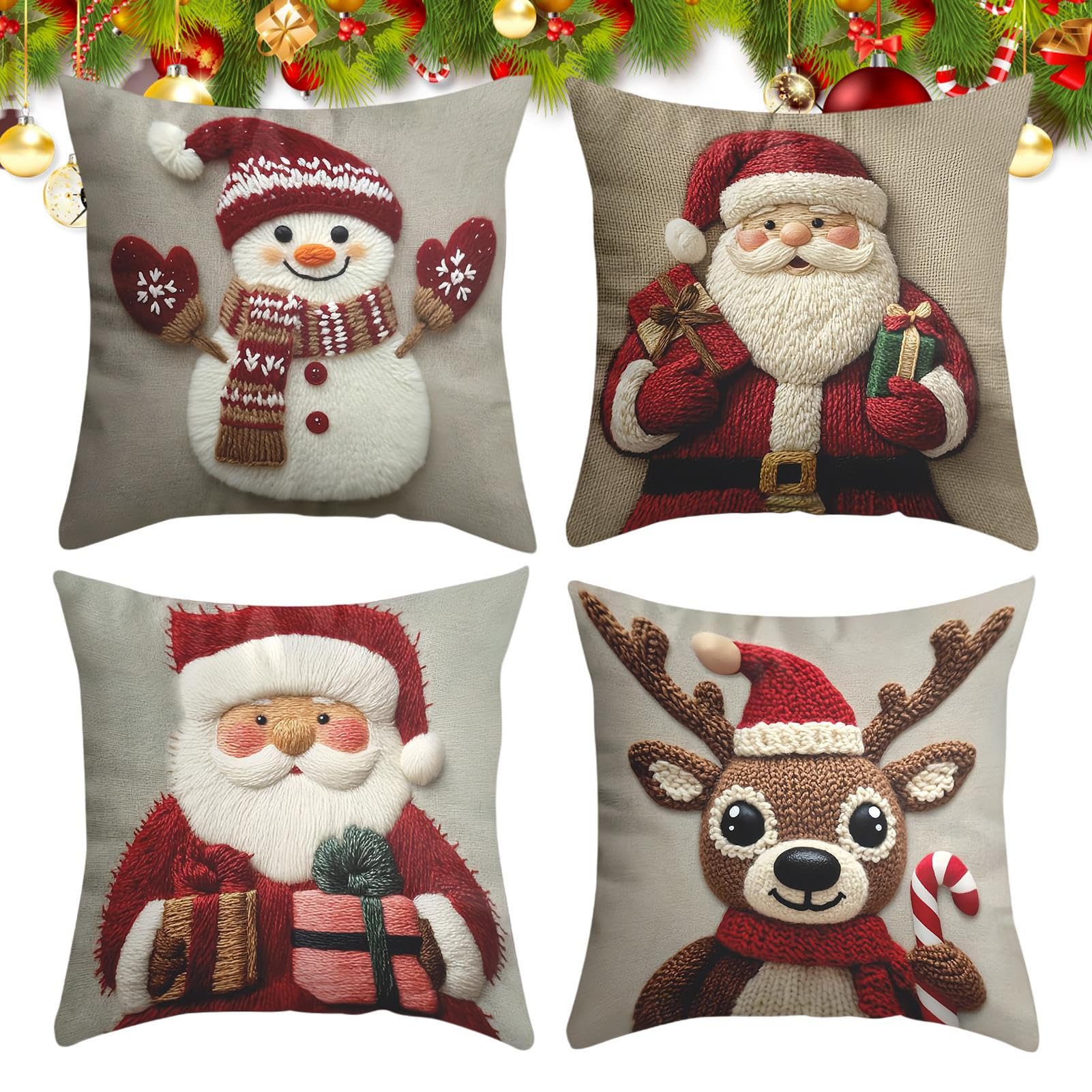 Coussin de Noël : lot de 4 housses 45x45 cm pour décorer le canapé du salon en famille