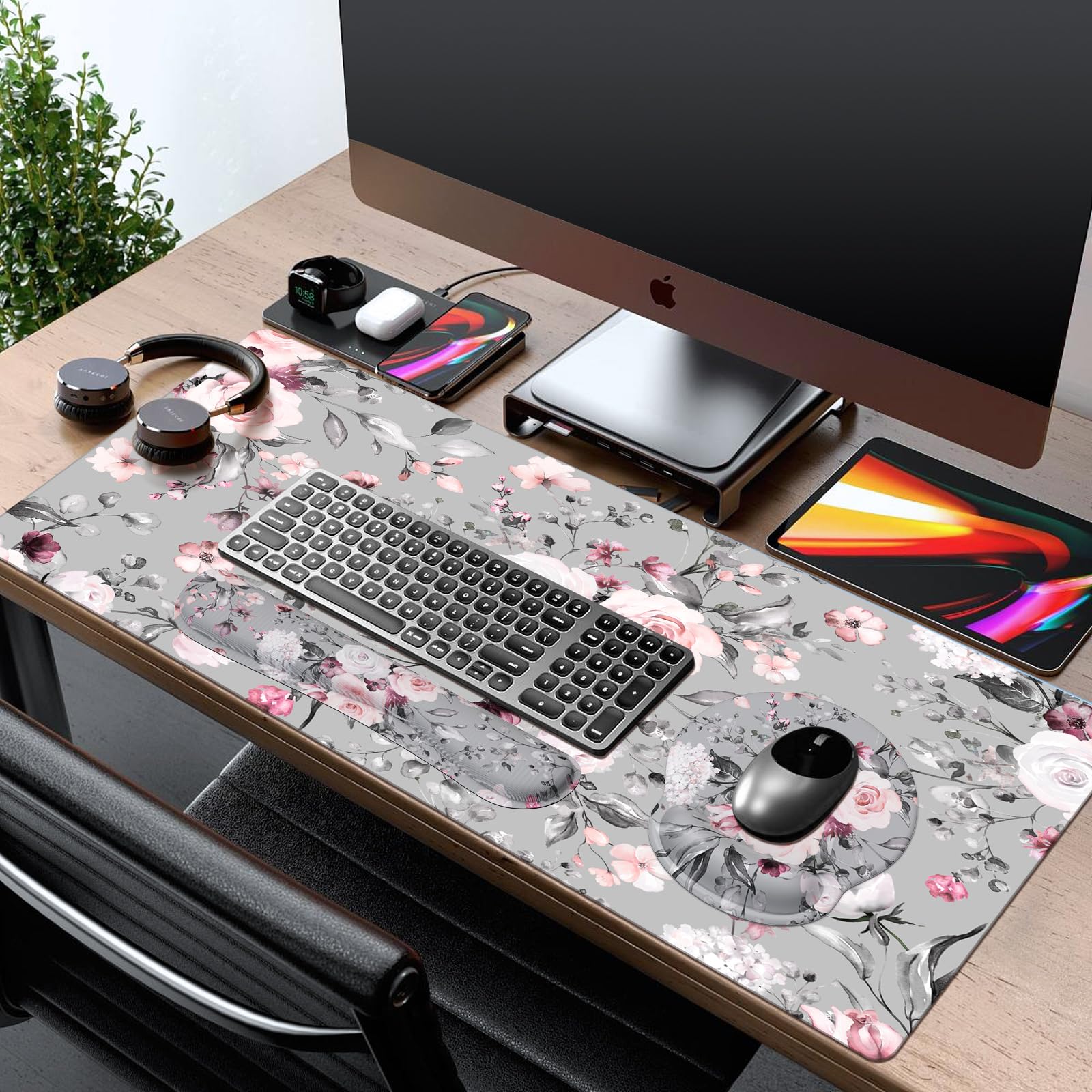 iCasso – Ensemble de tapis de souris gaming grand format 4 en 1 : tapis de souris XXL, repose-poignet pour clavier, repose-poignet pour souris et sous-verre, avec design ergonomique (Pink Floral)