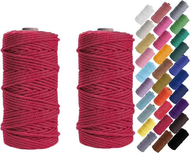 Macrame Cord Binwat Thick Natual Cotton Cord Yarn Macrame Rope Cord Cotton Rope for Wall Hangings, Plant Hangers, DIY Crafts, Home Decorations, Gift Wrapping 3mm x 100m (2pcs Wine red)
