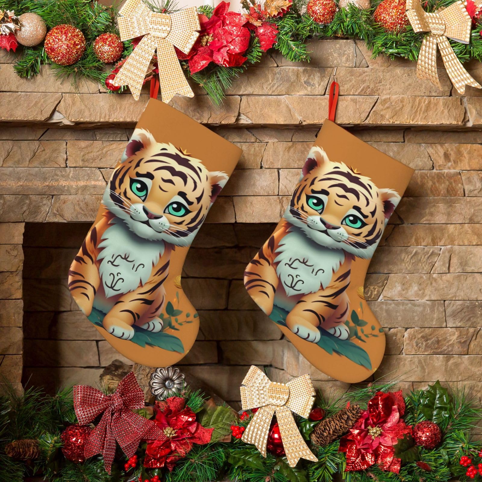 KLOPH Christmas Stockings 18" Personalized Xmas Stocking Year of The Tiger Funny Tiger Decoration Stockings Hanging Ornaments Fireplace Stocking for Holiday Xmas Tree Christmas Decor