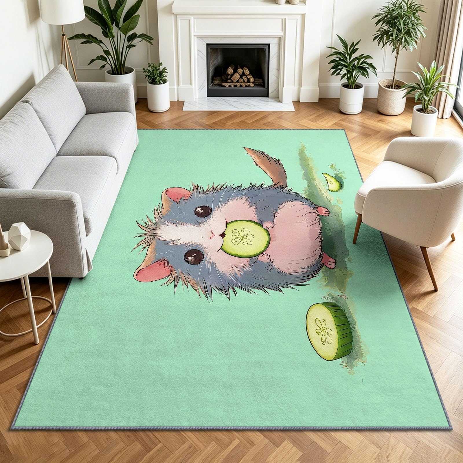 Alfombra antideslizante con diseño de animales de acuarela para sala de estar, 140 x 200 cm, alfombra de suelo mullida, cobaya, lavable, de pelo bajo, para sala de estar, dormitorio, comedor