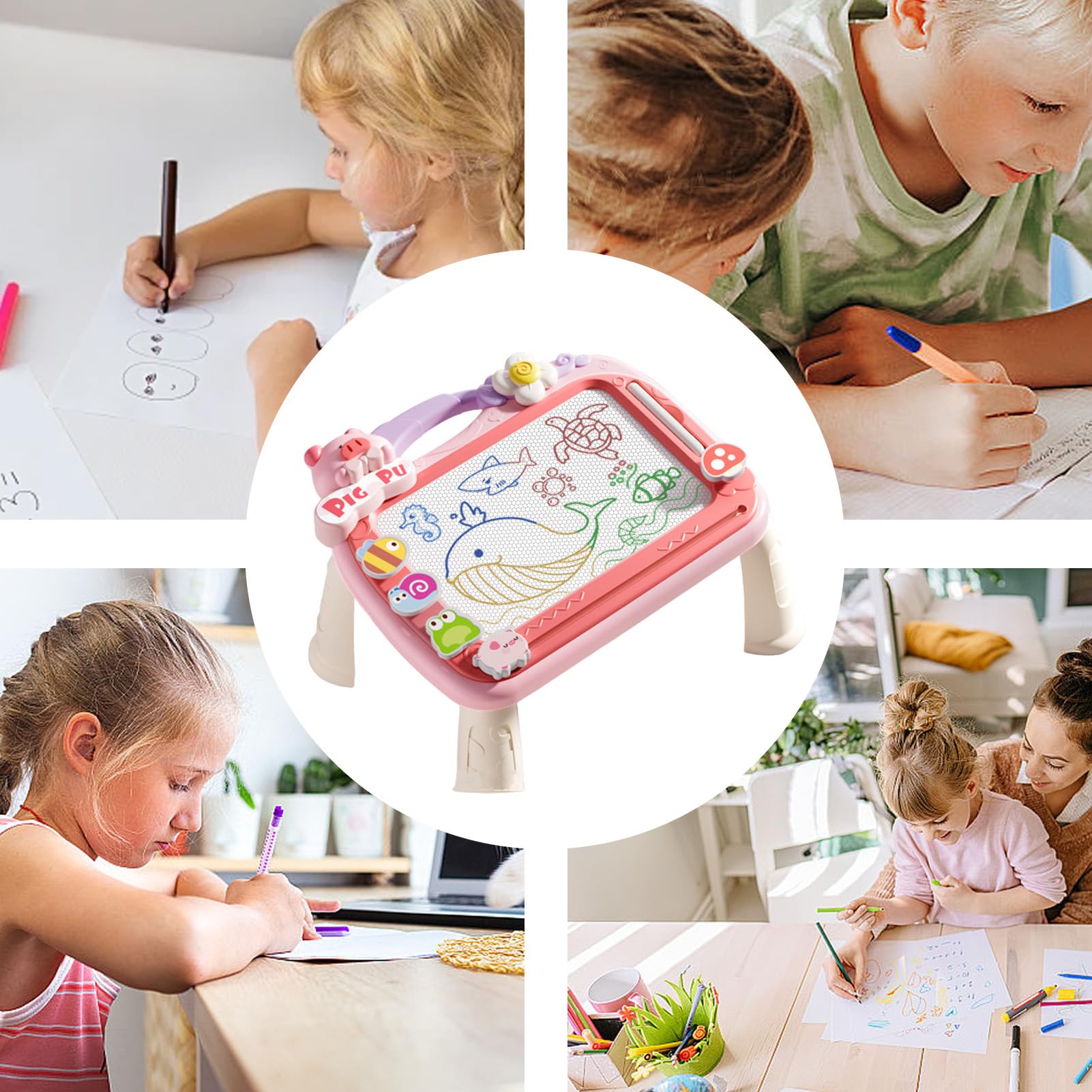 Lavagna magnetica per scarabocchi, lavagna magnetica per bambini | Blocco da disegno magnetico per doodle di cartoni animati con 2 penne - Giocattoli per l'apprendimento precoce da viaggio con 4 timbr