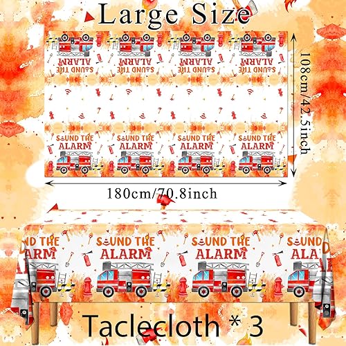 Miniatura 6 de Mantel de decoración de cumpleaños de camión de bomberos, 3 piezas, mantel rectangular de plástico para bomberos, decoración de cumpleaños de camión