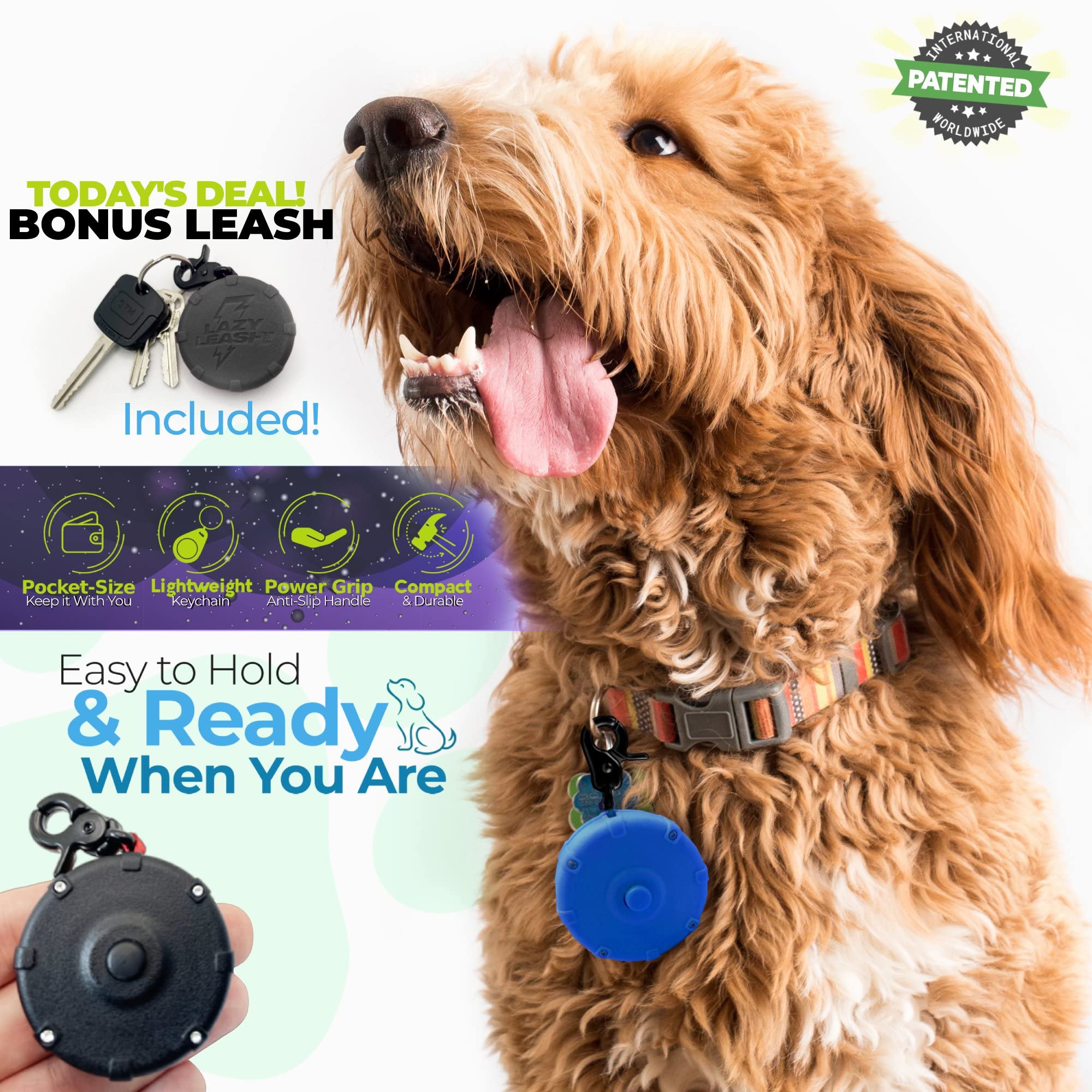 Pug Life - Mini correa ajustable para perro de 40 pulgadas con bono gratis, potente clip retráctil ligero para llavero, para senderismo, entrenamiento y aventura, agarre duradero y cómodo para caminar
