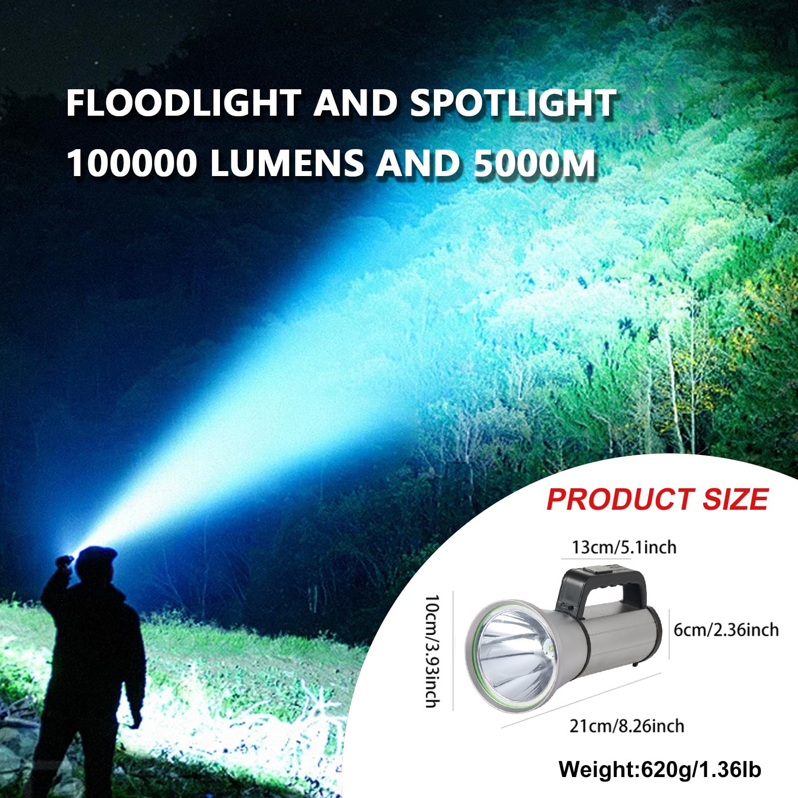 Linterna LED recargable, alta potencia, camping y uso de emergencia (plata, 16000 mAh)