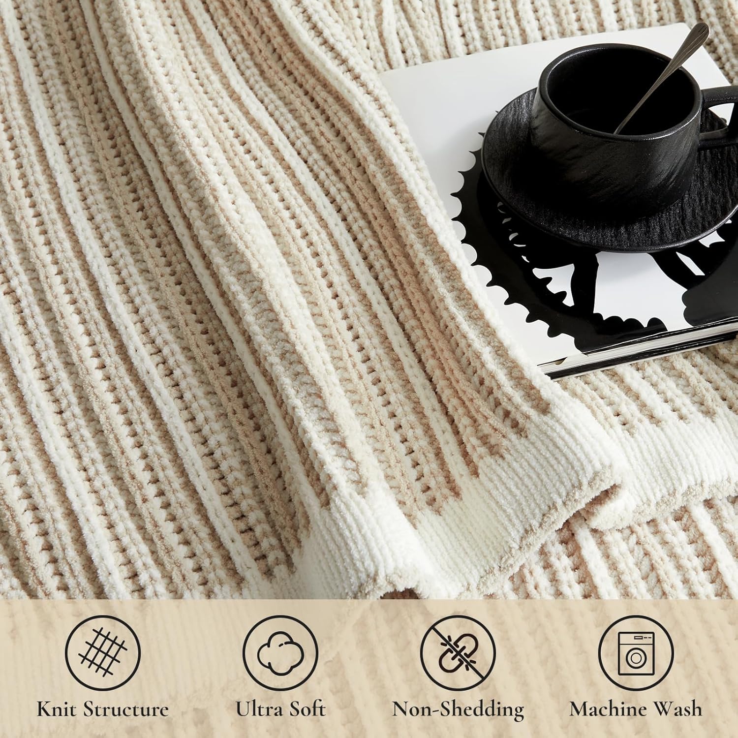 Amélie Home Striped Knit Throw Blanket for Couch, Dual-Sided Soft Chenille Decorative Blankets for Sofa & Chair, 50"x60", Khaki & White - Image 8