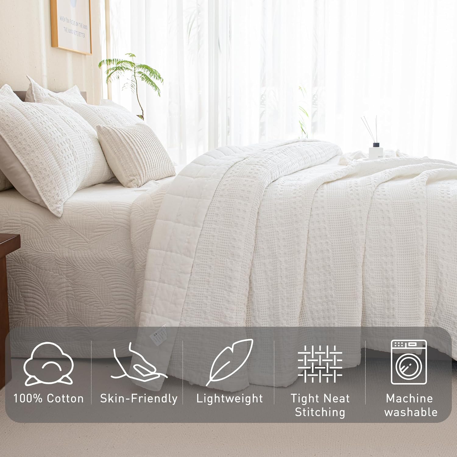 CozyTide Cotton Quilt King Size 110"x98",White Waffle Weave King Bedspread 3 Pieces Lightweight Ultra Soft Farmhouse Quilt Coverlet Bedding Set