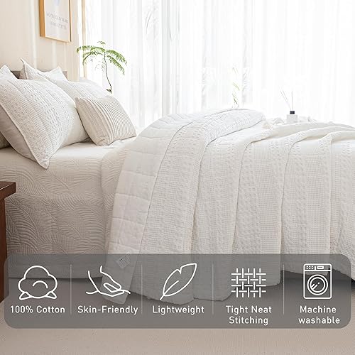 Miniatura 3 de CozyTide Juego de edredón blanco tamaño Queen, 100% algodón, suave tejido de gofre, juego de edredón de 3 piezas ligero y sólido (90 x 98 pulgadas)