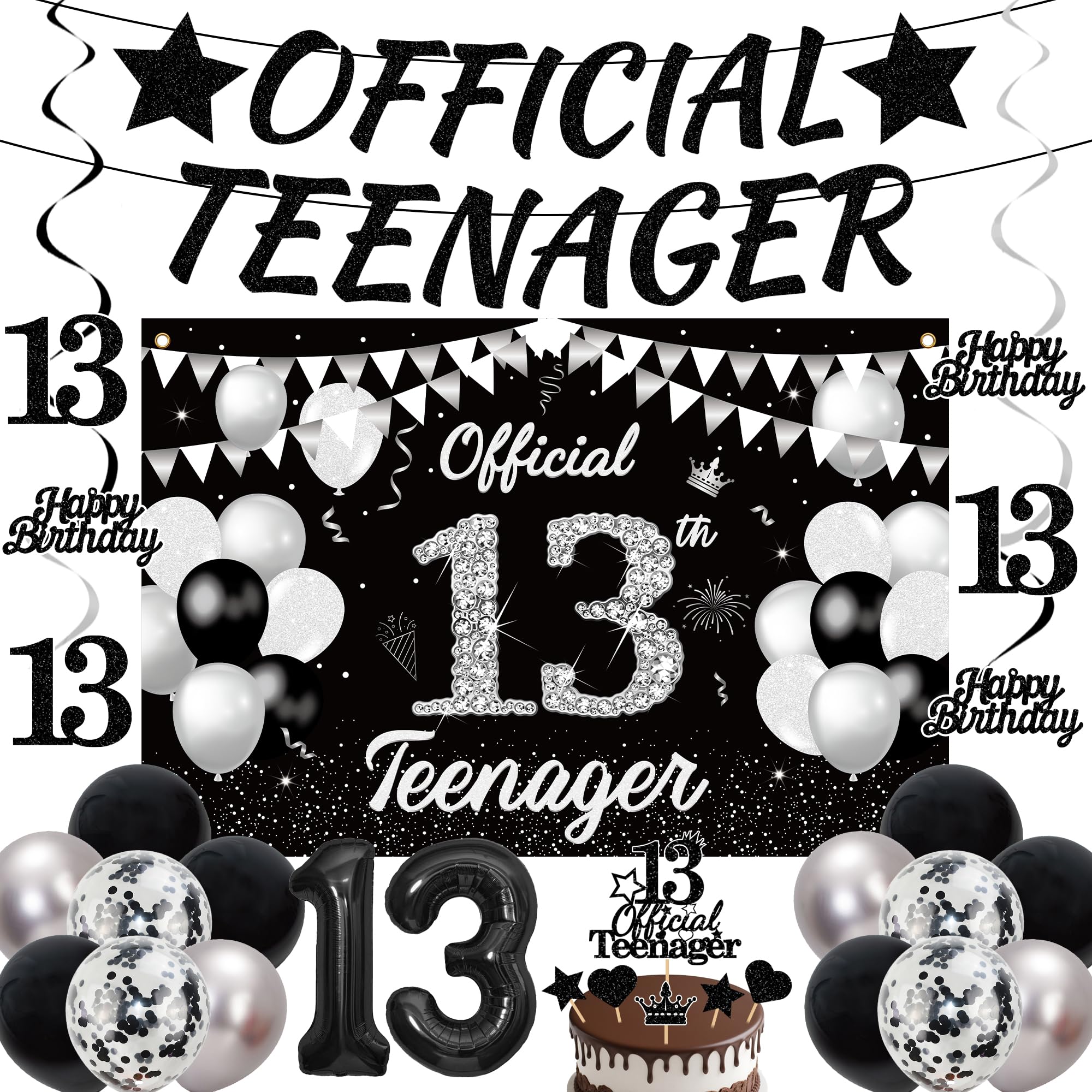 13th Birthday Decorations Black Banner - 26 Pcs Official Teenager Banner, Happy Birthday Backdrop, Number 13 Foil Balloon, Hanging Swirls and Silver Latex Balloons for Boys Party Supplies