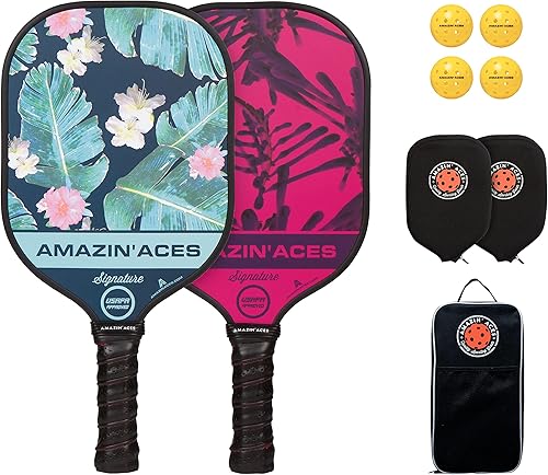 Amazin' Aces Juego de 2 palas clásicas de pickleball de grafito, raquetas de pickleball con 4 bolas de pickleball al aire libre y 1 bolsa de
