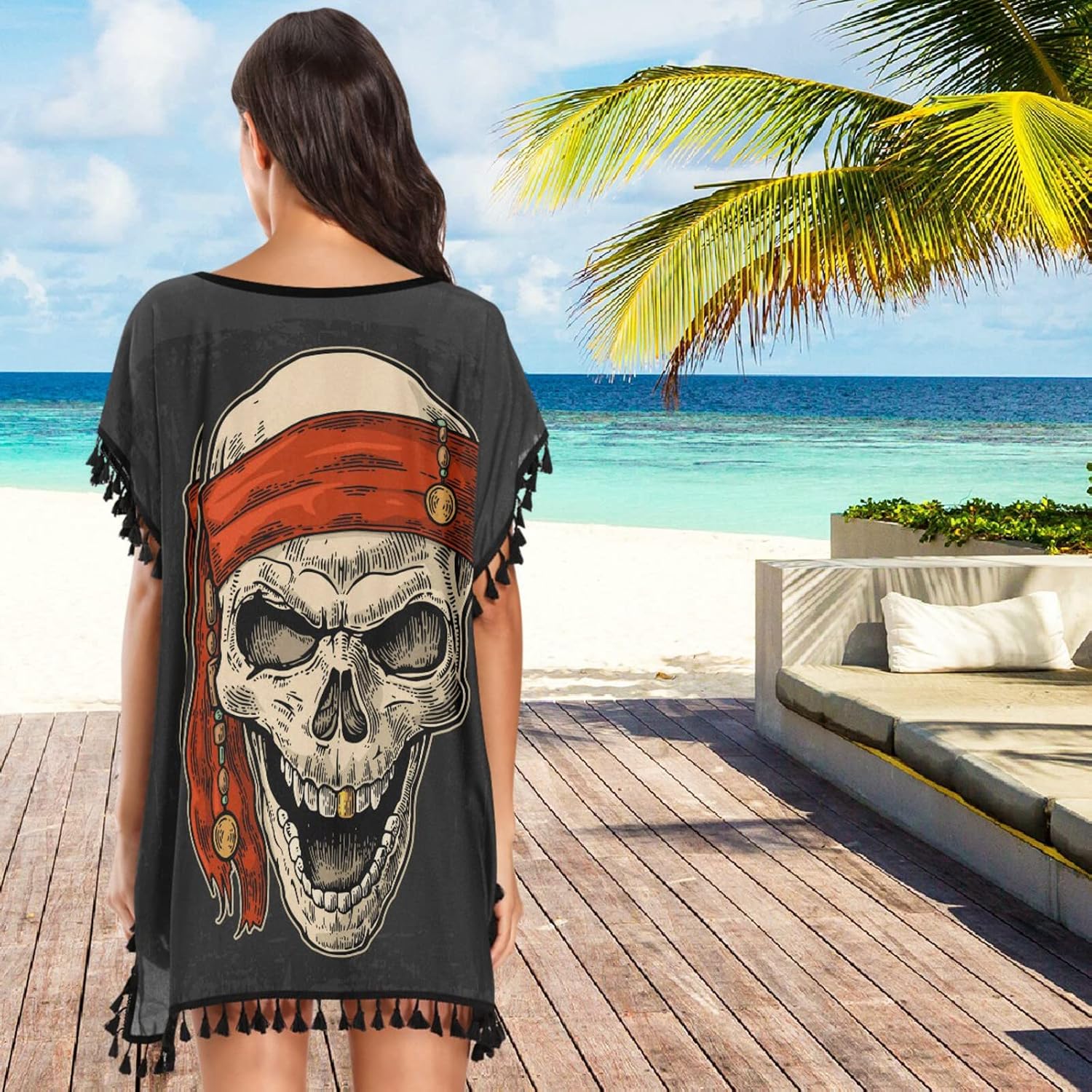 Naanle Skull Human Skeleton Women's Swimsuit Cover Up Chiffon Tassel Bikini Beach Coverup for Swimwear