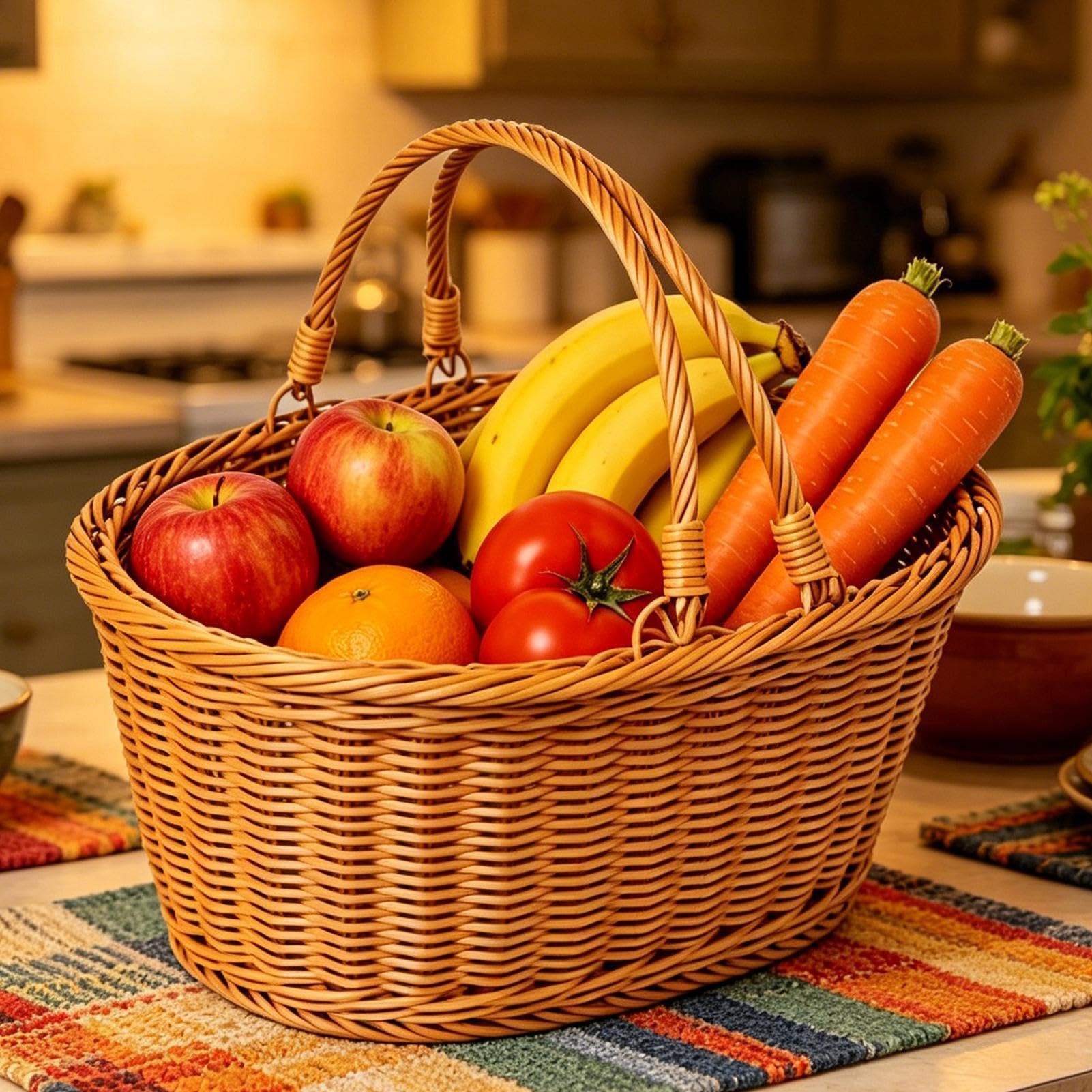 Cesto da Picnic con Manico - Raccolta E Conservazione Della Frutta - Cestino Vuoto per Pane - Per Campeggio, Picnic, Spesa, Giardino, Cortile, Prato, Gite In Auto, Casa