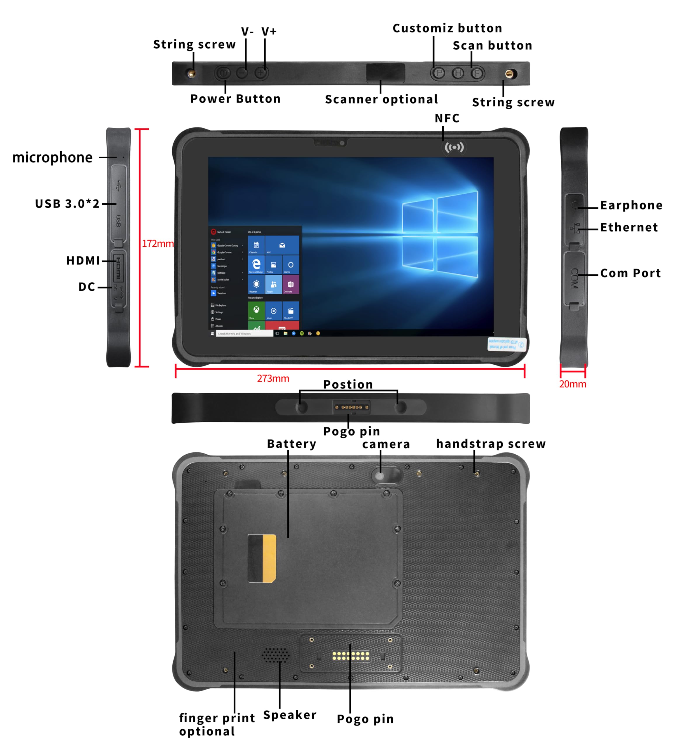 ST11-M Tablet resistente da 10,1 pollici con Windows 10 Pro con Intel i5-8200Y, 8GB/256GB, tablet impermeabile IP65, 4G LTE/GPS/NFC, 6000mAh, PC da lavoro industriale all'aperto