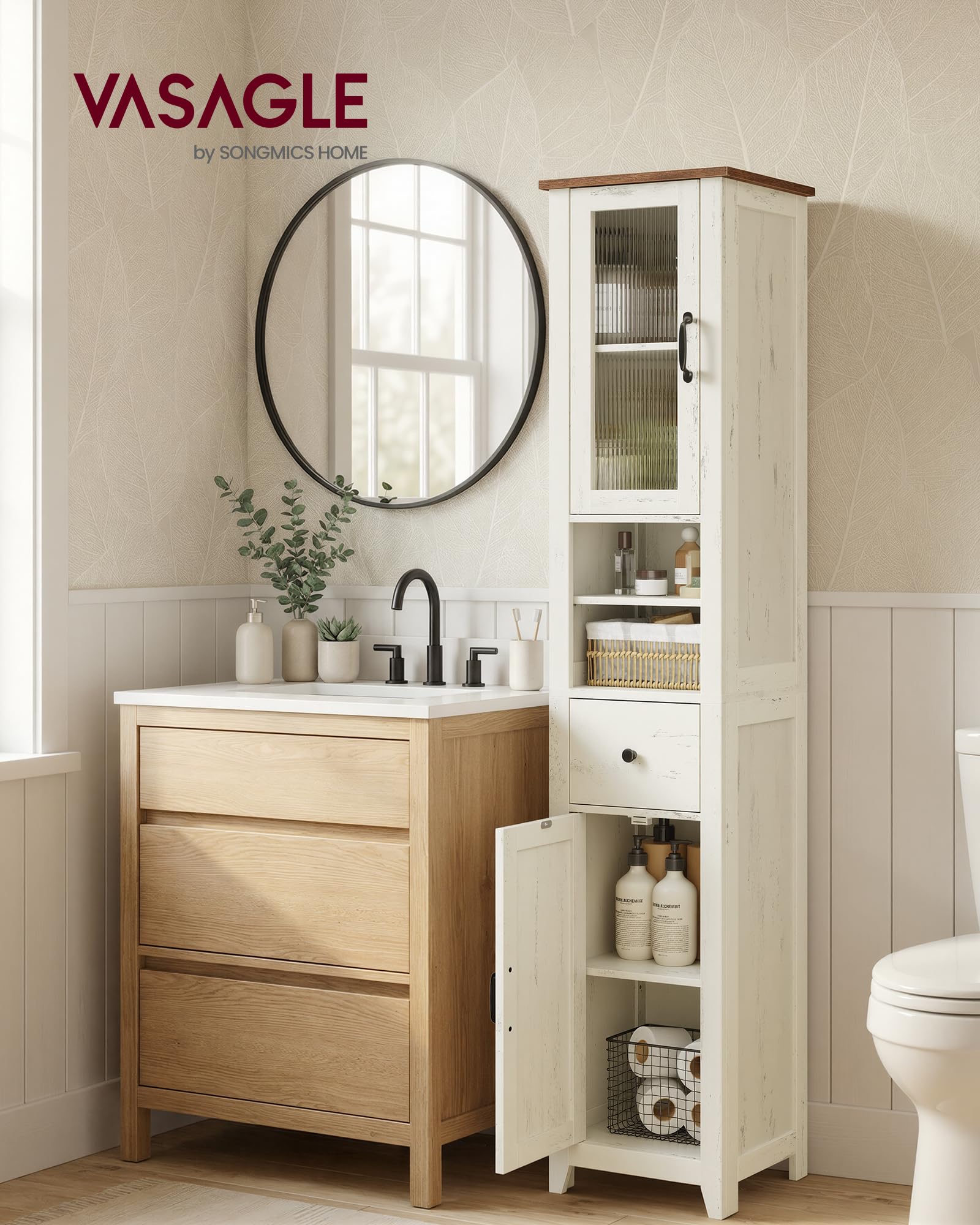 VASAGLE LIRY Kollektion - Badezimmerschrank im Landhausstil, Badschrank schmal, Badmöbel, offene Fächer, 1 Schublade, mit Türen, vintageweiß-honigbraun, 31,5 x 33 x 171 cm BBK660W101