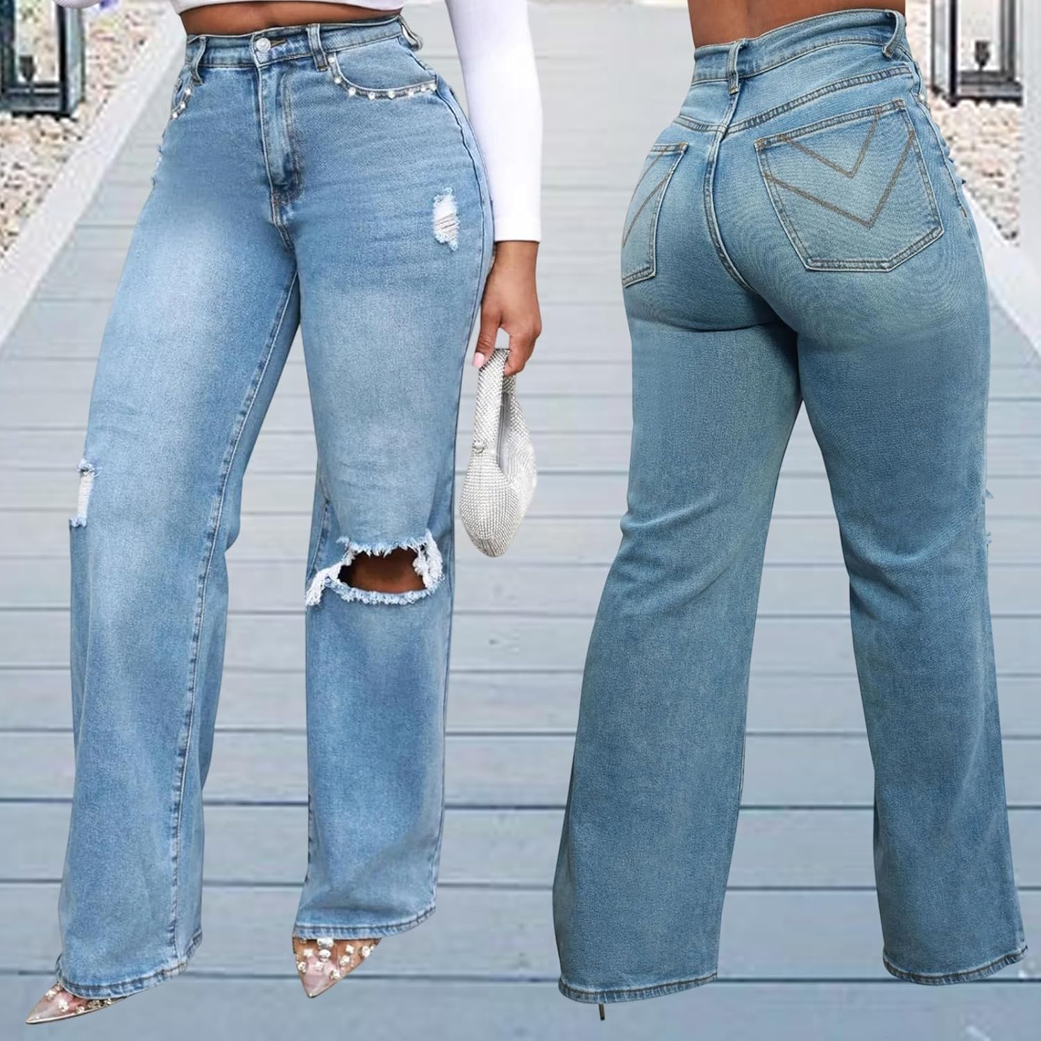 Women's Wide Leg Straight Jeans High Waisted Baggy Stretch Loose Denim Pants - Image 8