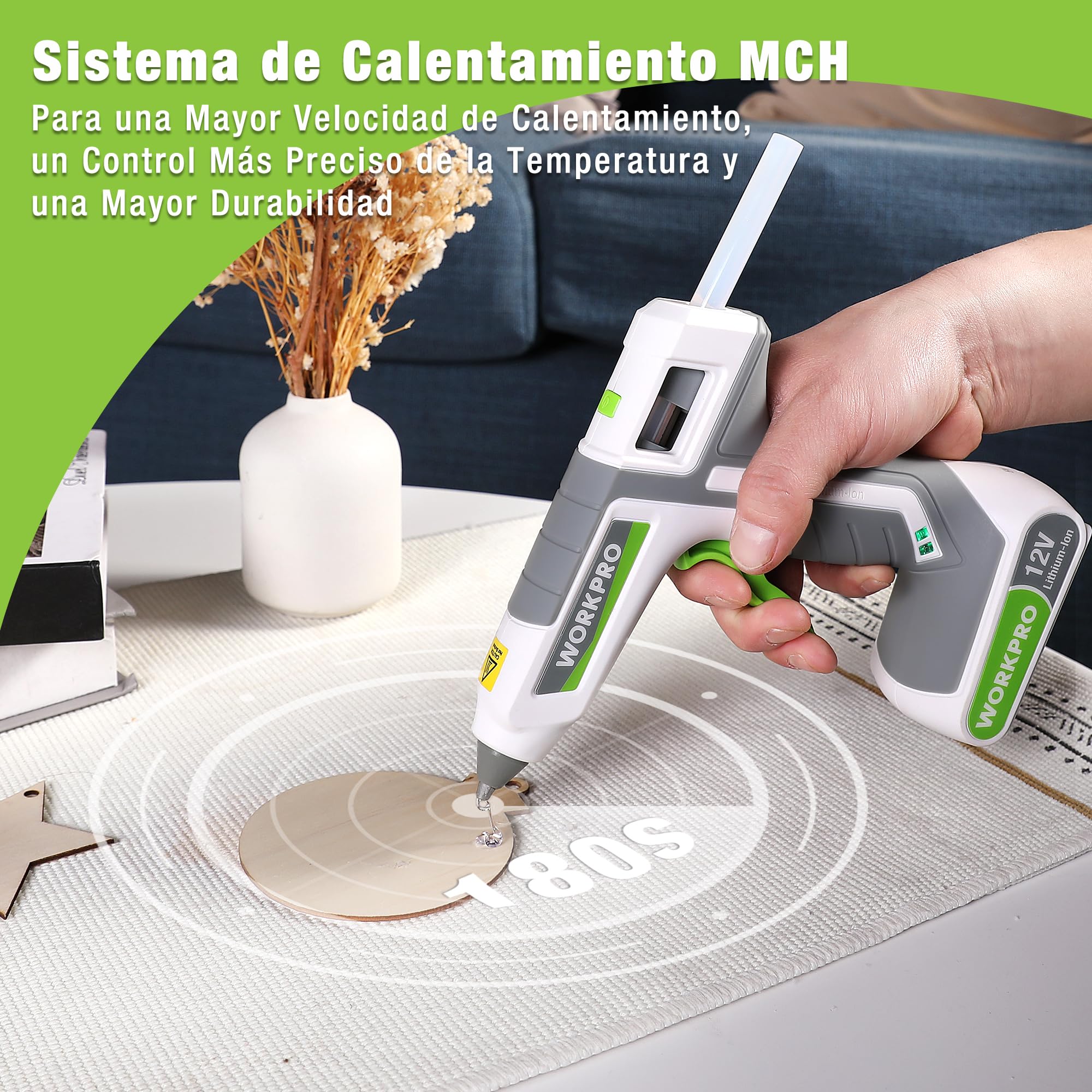 WORKPRO 12V Pistola de Silicona Caliente Inalámbrica, Pistola de Pegamento Termofusible a Batería, Pistola de Encolar con 15 Barras de Pegamento (11 * 200 mm), Precalentamiento Rápido, para Bricolaje