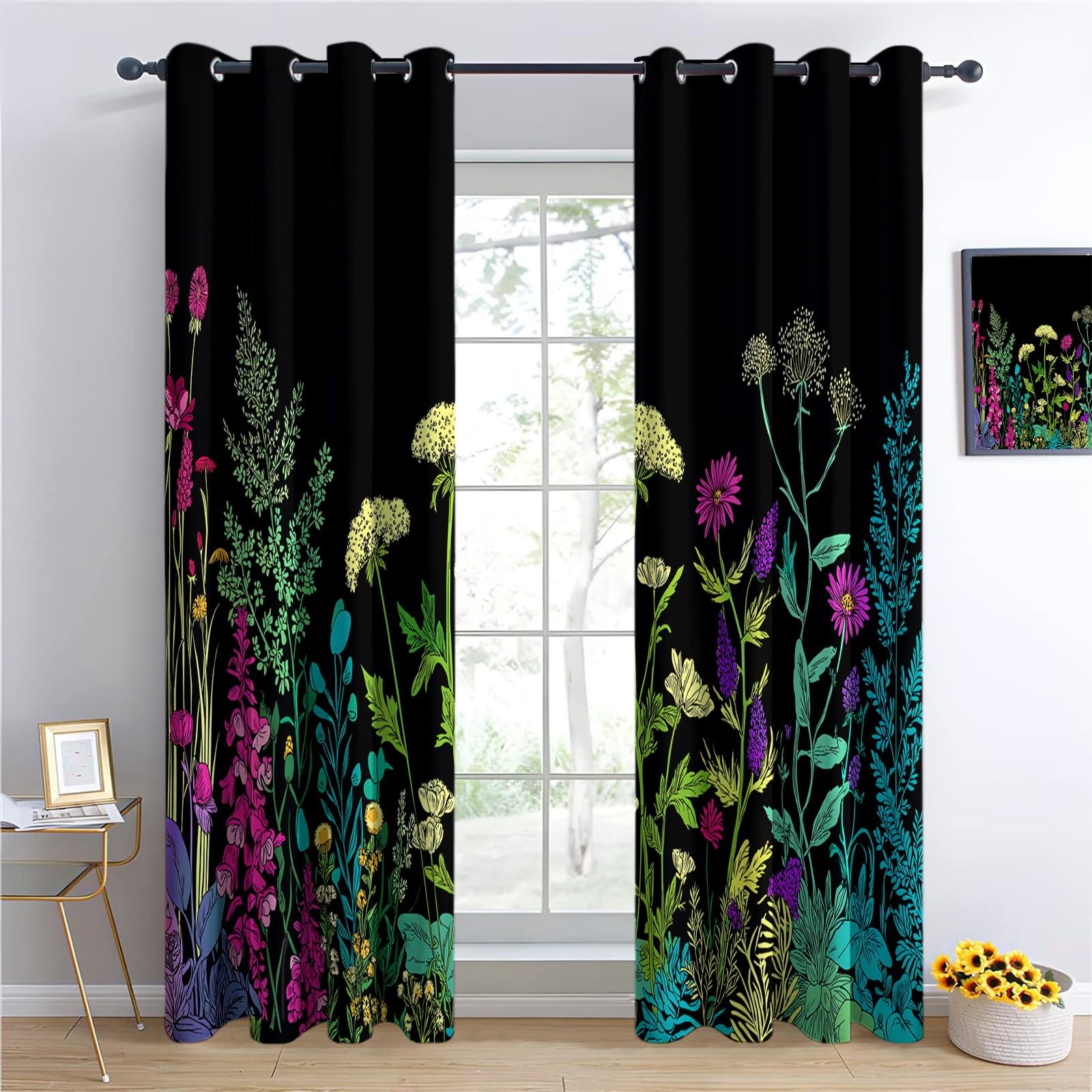 CozyRest Kids Curtains Eyelet Thermal Insulated 100% Blackout Curtains Vintage Wildflowers Plants Pattern Ring Top Darkening Drapes for Bedroom Living Room 46 x 72 inch Drop 2 Panels