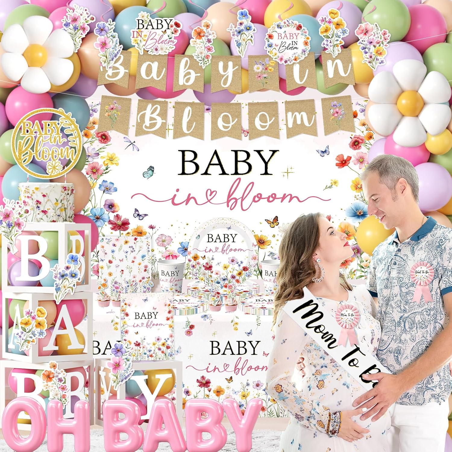 Baby in Bloom Baby Shower Decorations,283 Pcs Spring Baby Shower Decorations include Baby Shower Plates And Napkins,Floral Banner Backdrop Balloon Arch Mom to Be Sash for Baby in Bloom Shower Party