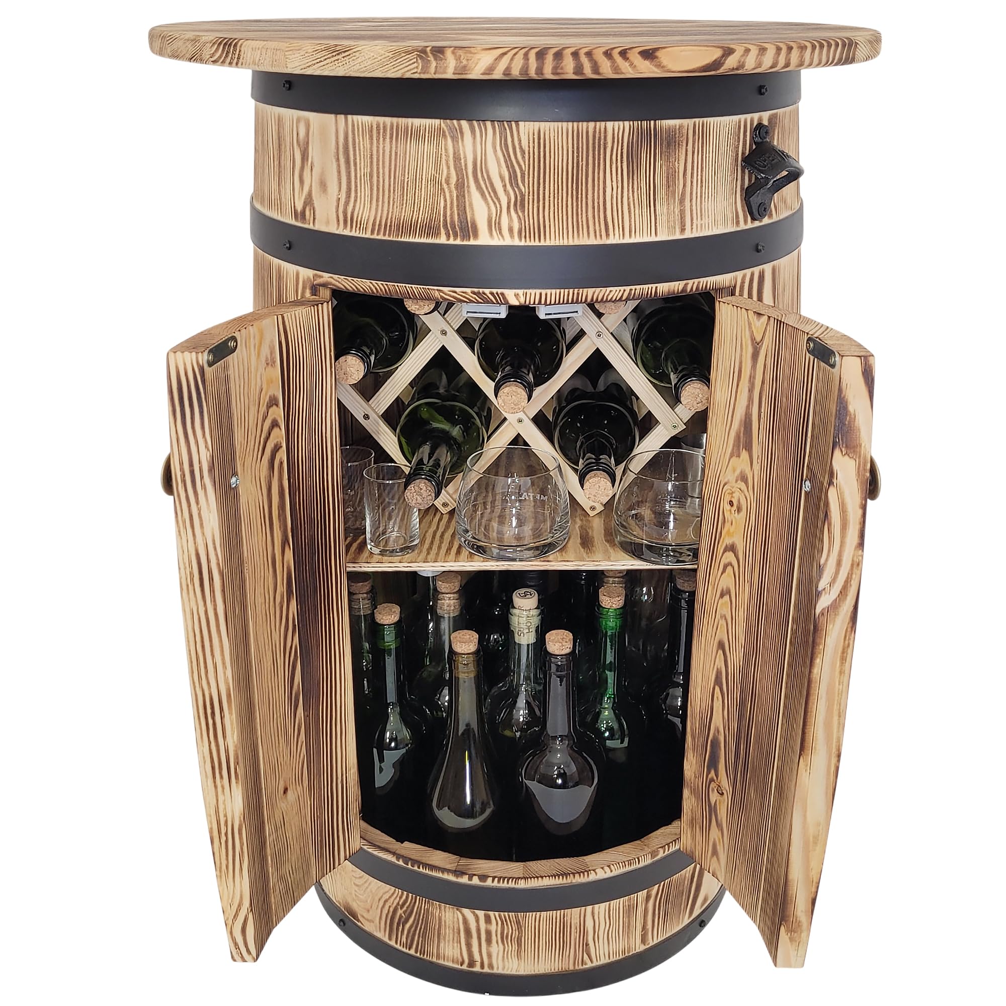 weeco Armoire en bois de pin en forme de tonneau avec étagère et étagère pour 30 à 40 bouteilles - Étagère de bar rustique avec décapsuleur et porte-bouteilles pliable - 80 x 55 x 44 cm - Marron