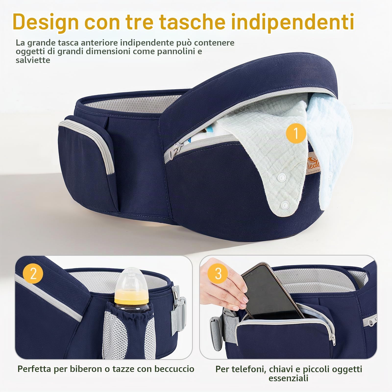 Viedouce Hipseat Marsupio con Protezione per Cintura di Sicurezza,Puro Cotone Leggero e Traspirante,Ergonomico Neonati Marsupio Sicurezza Supporto per Bambino da 4-36 Mesi (Blu Scuro)