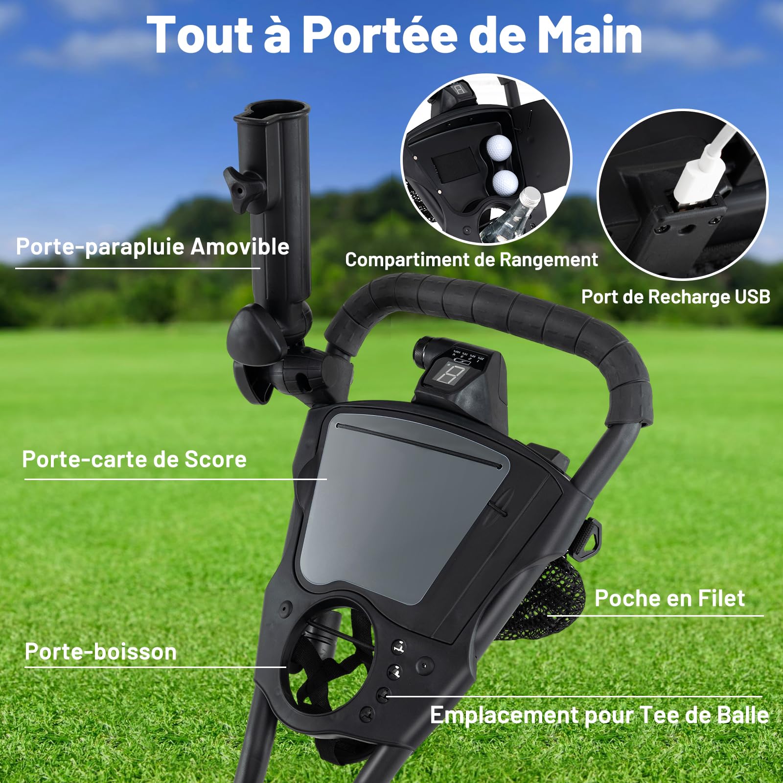 COSTWAY Chariot de Golf Électrique, Voiturette Golf Pliable & Léger à 3 Roues avec Poignée Ajustable, 9 Vitesses, Support pour Parapluie, Porte-Boisson, Porte-Score, Sac Isotherme & Port USB