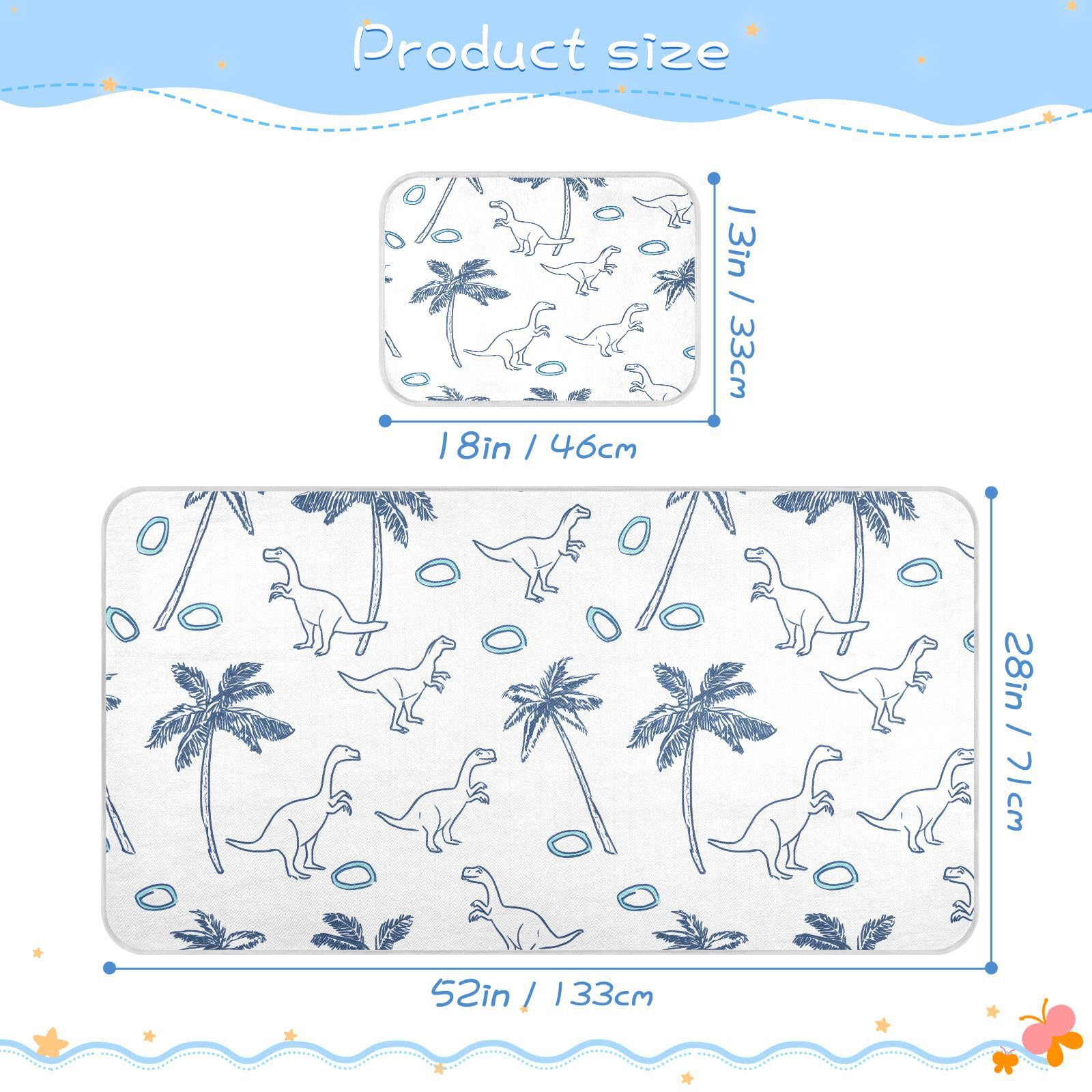 Bolaz Summer Sleeping Bed Pad, Blue Cartoon Dinosaur Pattern Cooling Mattress Set Breathable Bed Mat Ice Silk Mat + Pillow Cover for Toddler Boys Girls