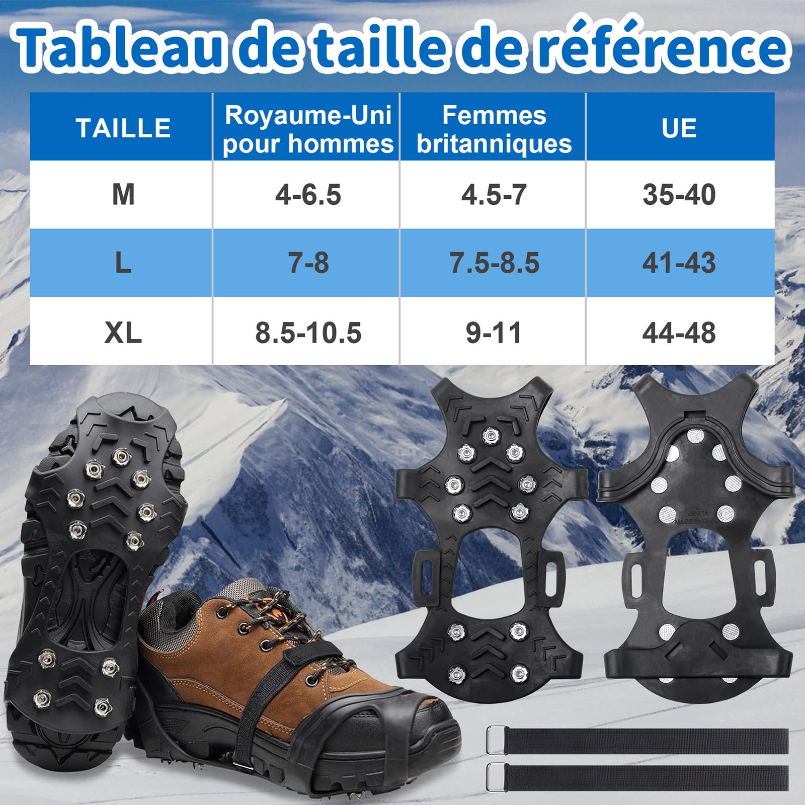 Crampons Chaussures Anti Verglas Neige et Glace Traction Antidérapant Universelles pour Hiver Randonnée Pêche