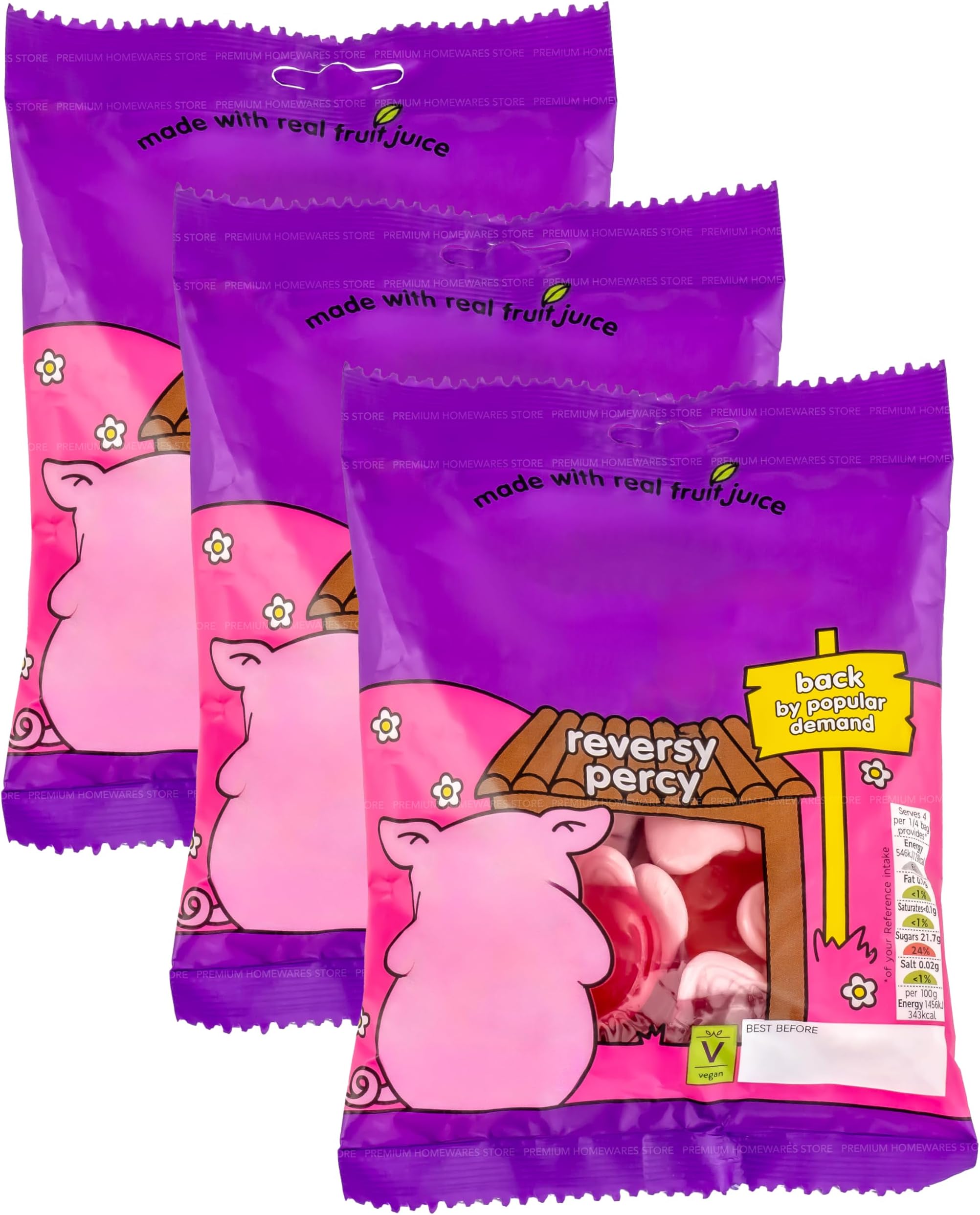 Set of 3 x 150g Reversy Pig Jelly Sweets, Soft Fruit Flavour Gums with Fruit Juice, Vegan, 450g