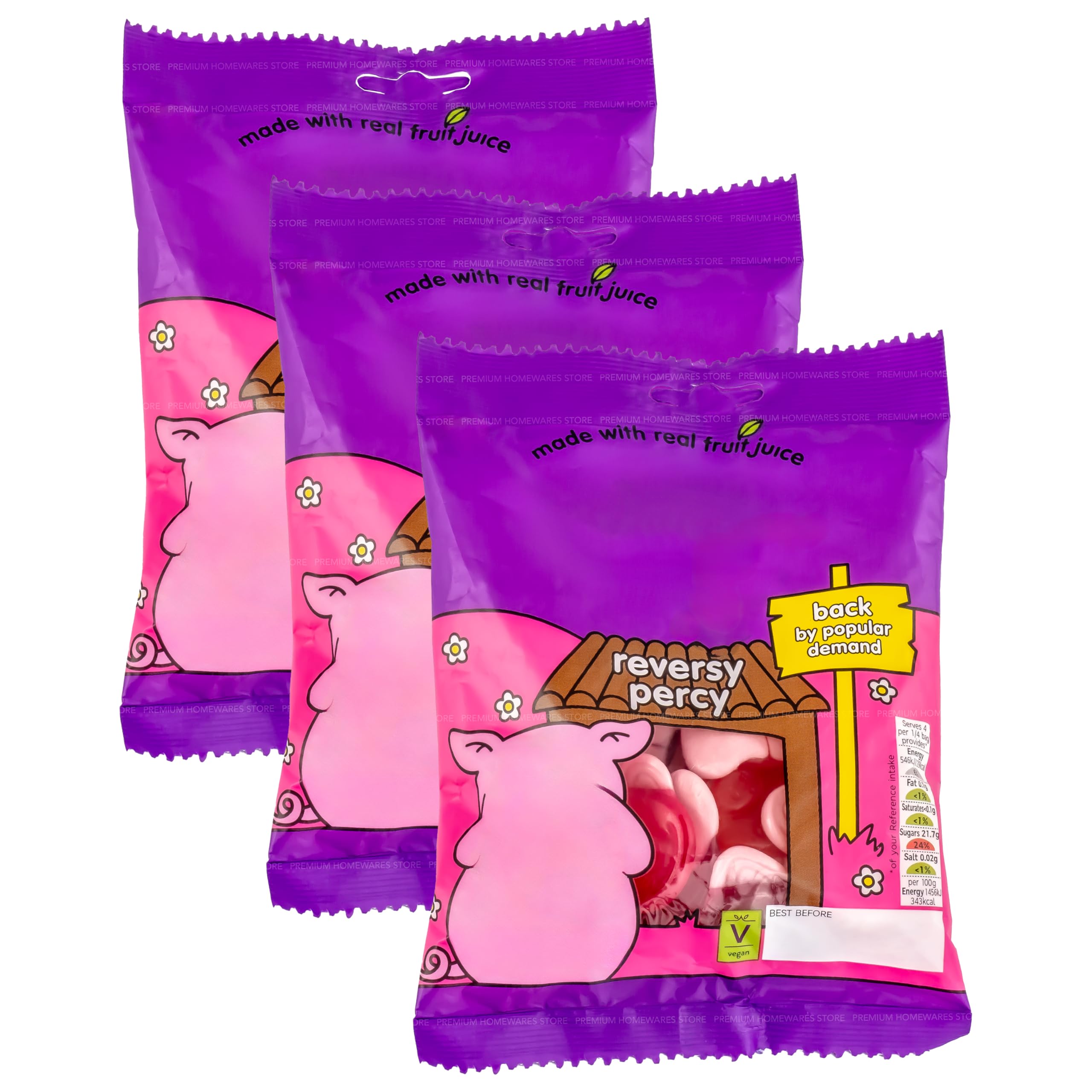 Set of 3 x 150g Reversy Pig Jelly Sweets, Soft Fruit Flavour Gums with Fruit Juice, Vegan, 450g