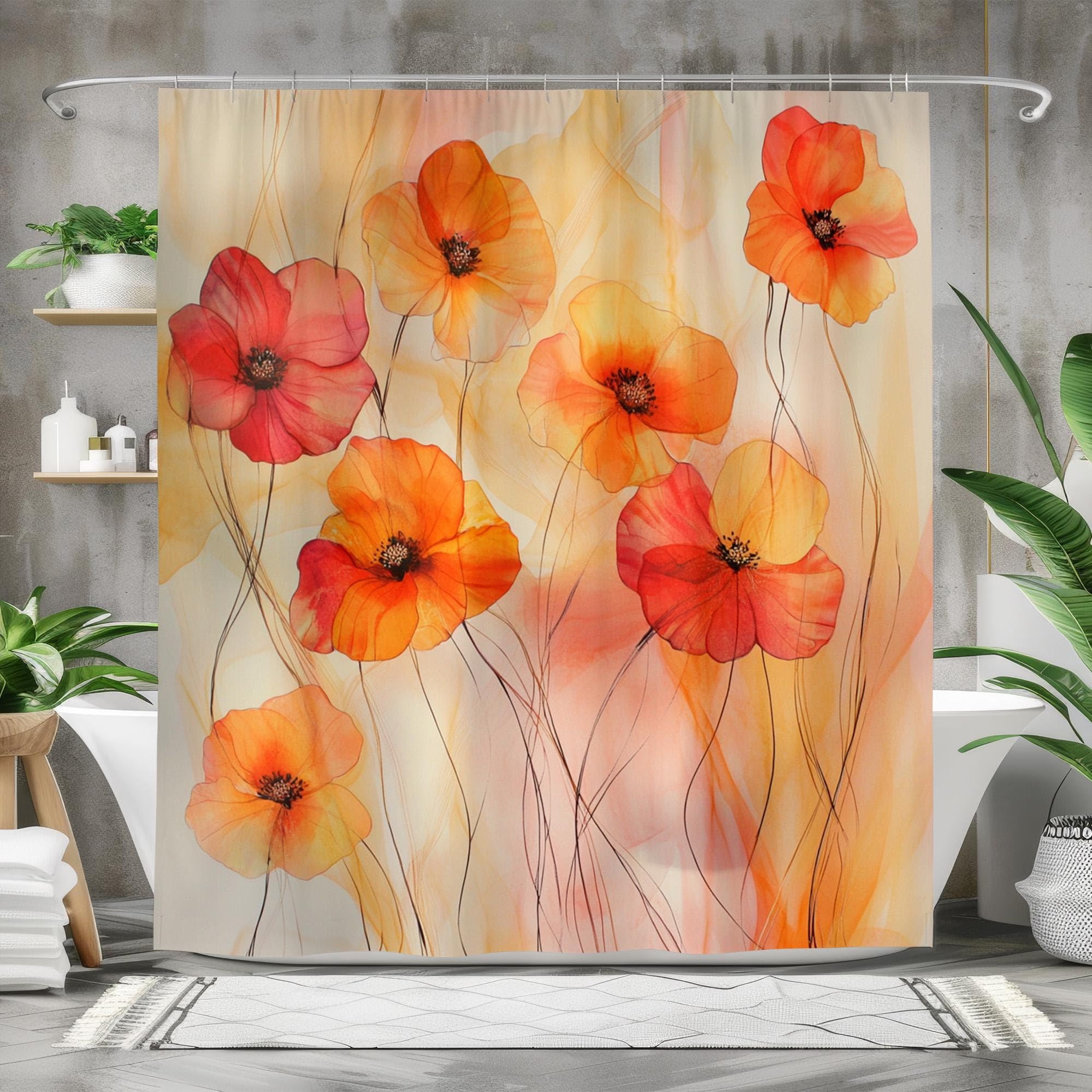 Cortina de Ducha con Estampado de Flores Naranjas en Acuarela, decoración Floral Abstracta para el baño, diseño artístico cálido, Tela Impermeable y Lavable (300x200cm/118x79in(WxH)/)