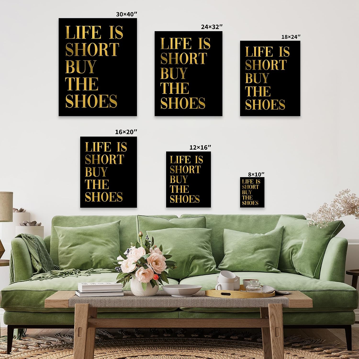 Poster Master Life is Short Buy The Shoes Canvas - Fashion Print - Positive Quote Art - Trendy Gift for Women & Fashionista - Funny Wall Decor for Bedroom or Girls Room - 8x10 STRETCHED Canvas