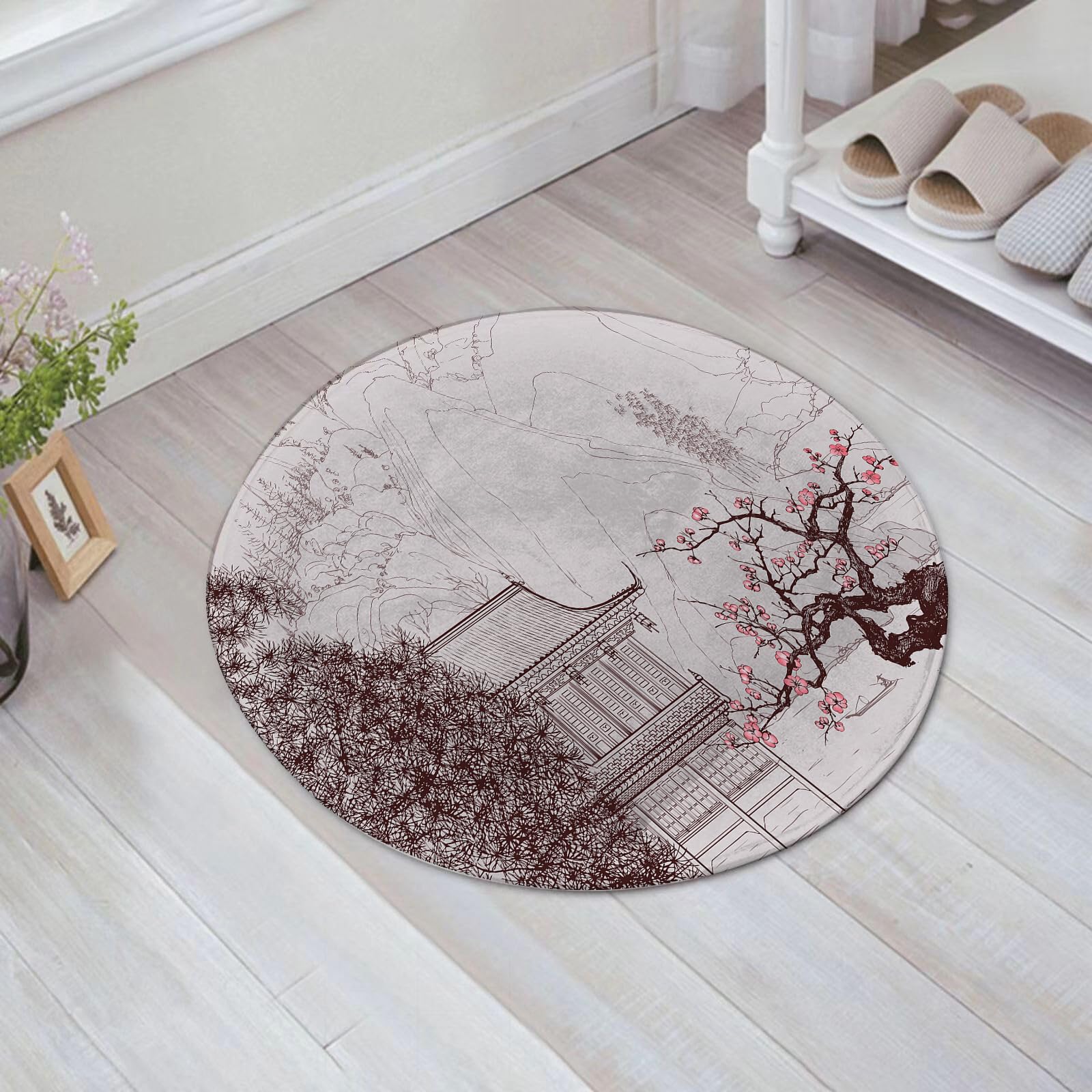 EMFSLA Bath Mat 24x24 in,Asian, Chinese religion building sakura trees and mountain shapes pag,Non-Slip Bathroom Mat Machine-Washable,Ultra Soft and Water Absorbent Bath Rug for Bathroom