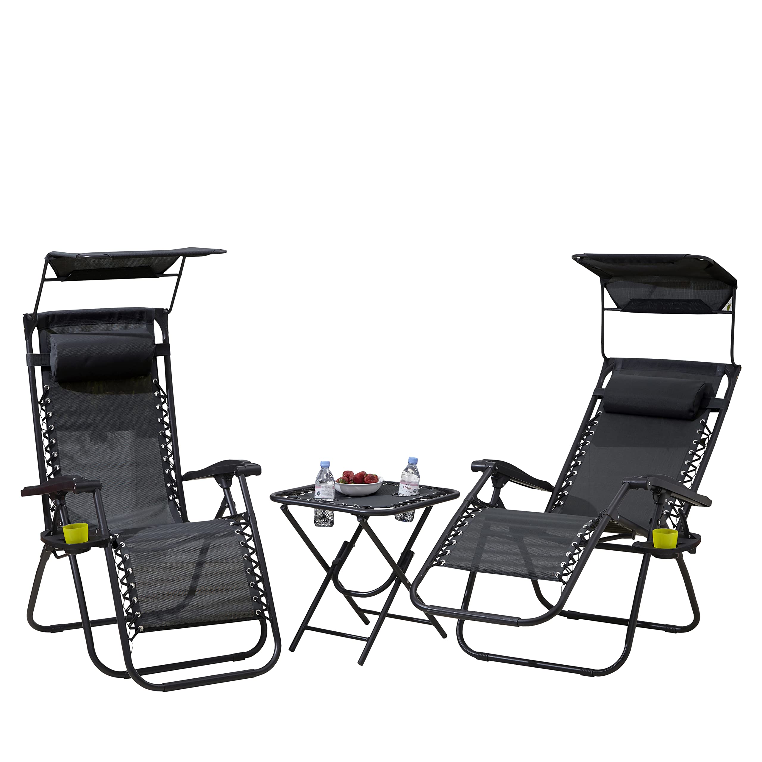 Neo Juego de 3 sillas plegables portátiles de gravedad cero, tumbona y portavasos, reclinables, jardín, patio, camping al aire libre (negro)