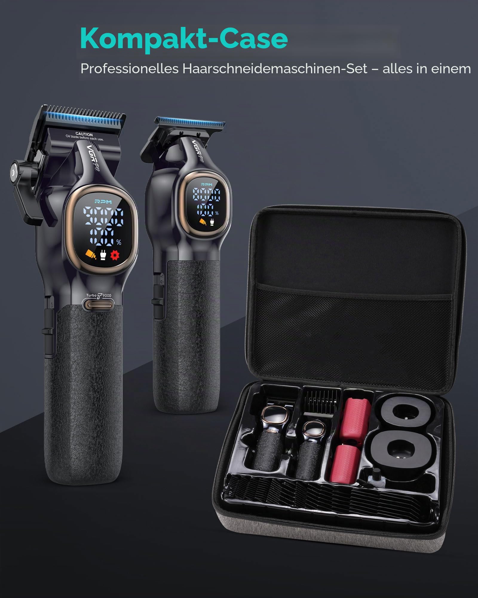 VGRPRO Haarschneidemaschine Profi, 9000RPM Barber Kit mit Etui,Kabellos | Profi Haarschneider herren und Trimmer Set, 14 aufsätze, 4h Laufzeit, LCD-Anzeige, Ladestation, Anti-Rutsch-Griffe, USB-C