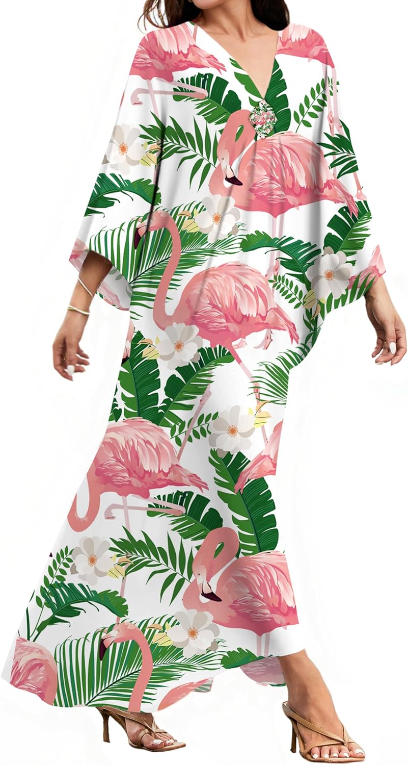 MAKABO Kaftan for Women Dress V Neck Short Sleeve Beach Vacation Bikini Swimsuit Cover Ups Loungewear for Summer